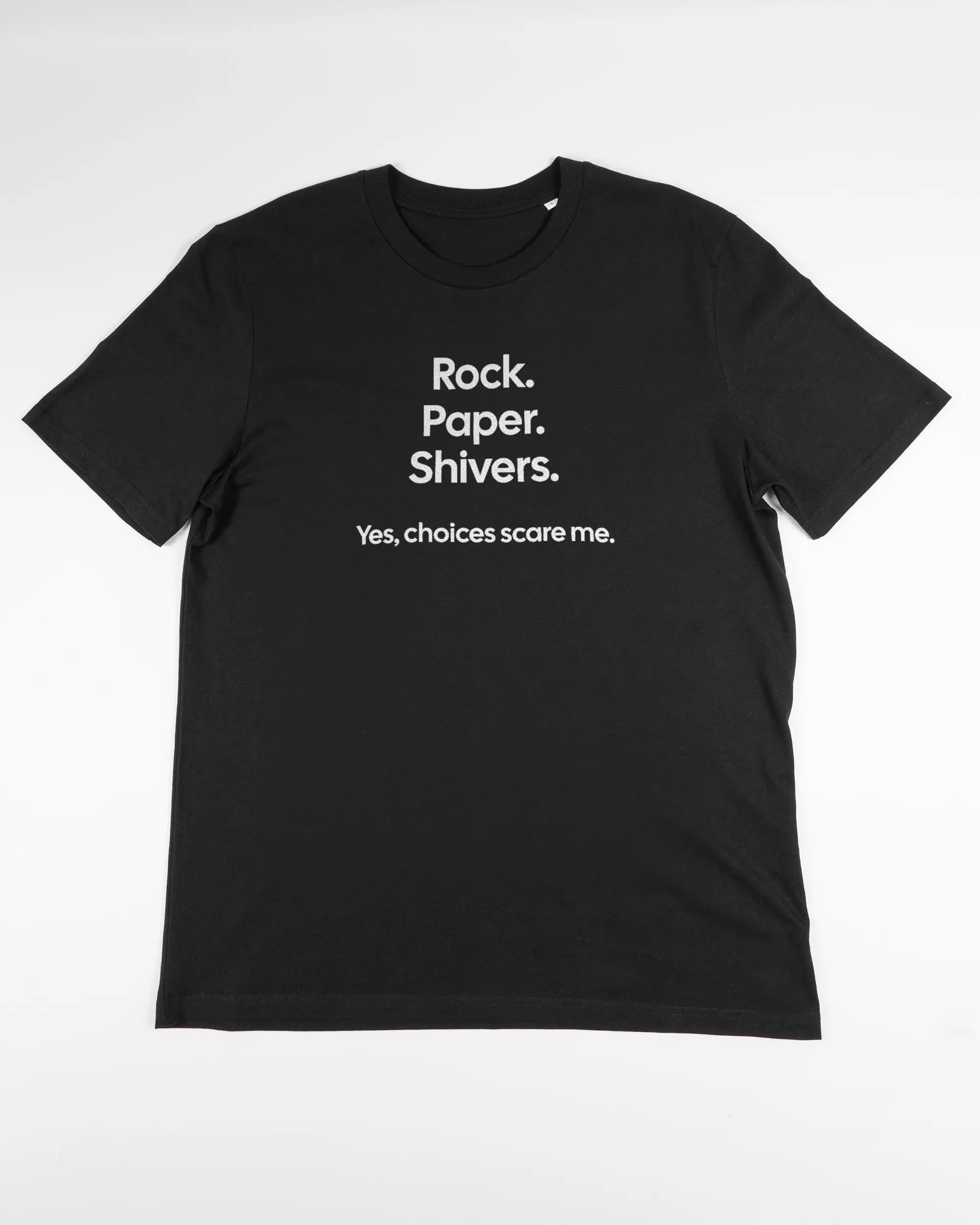 Vorderseite des Organic Unisex T-Shirt Casual von Maondo mit dem Design Rock Paper Shivers in der Farbe Black und in der Größe L flach auf den Boden gelegt