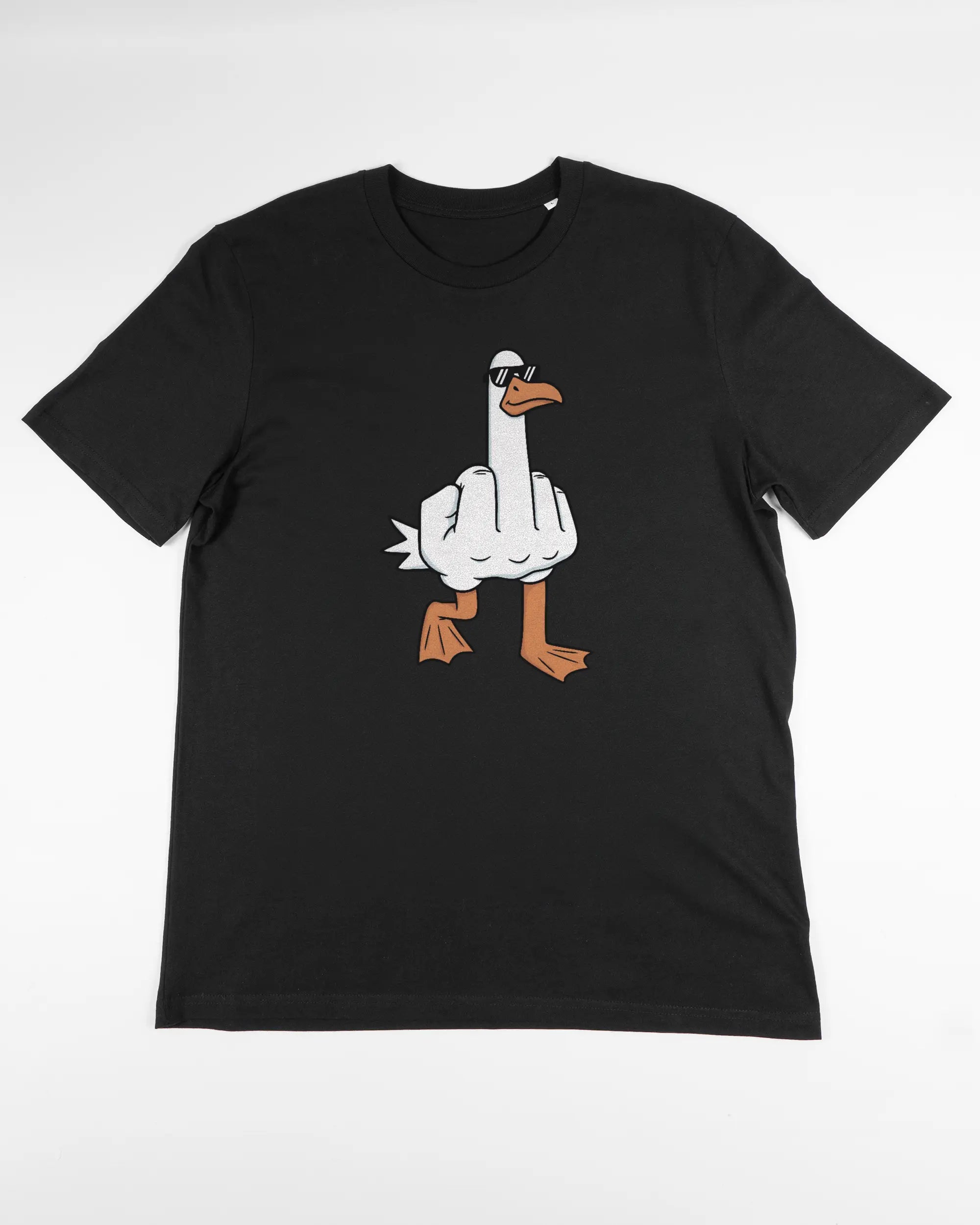 Vorderseite des Organic Unisex T-Shirt Casual von Maondo mit dem Design I give a duck in der Farbe Black und in der Größe L flach auf den Boden gelegt