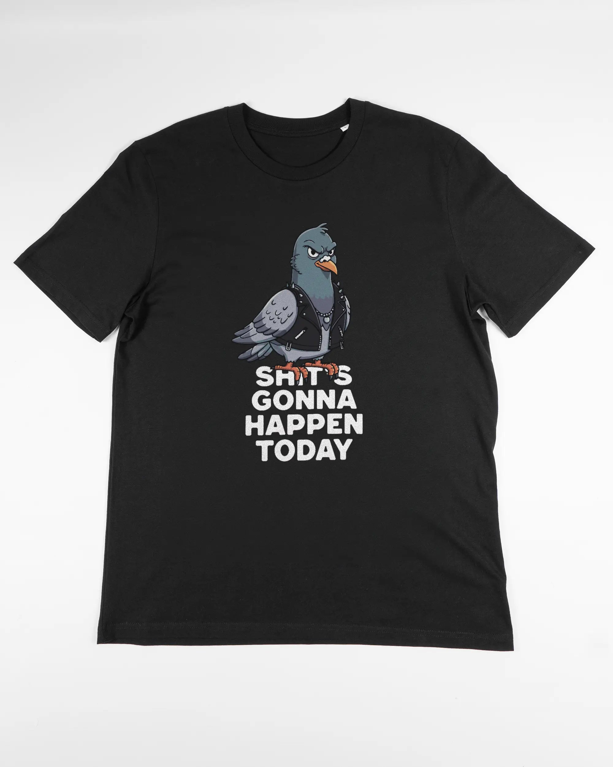 Vorderseite des Organic Unisex T-Shirt Casual von Maondo mit dem Design Pigeon Pun in der Farbe Black und in der Größe L flach auf den Boden gelegt