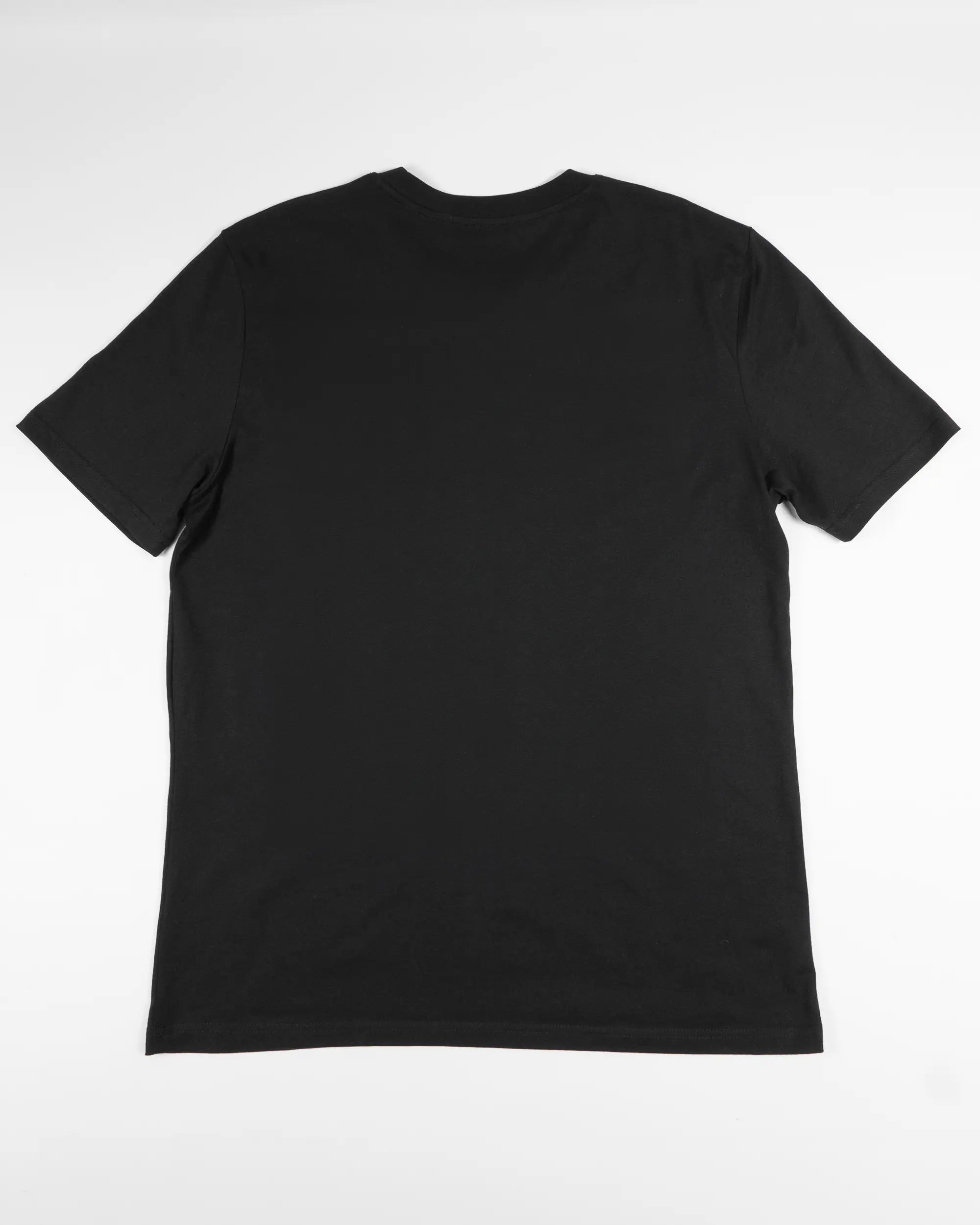 Rückseite des Organic Unisex T-Shirt Casual von Maondo ohne Motiv in der Farbe Black und in der Größe L flach auf den Boden gelegt