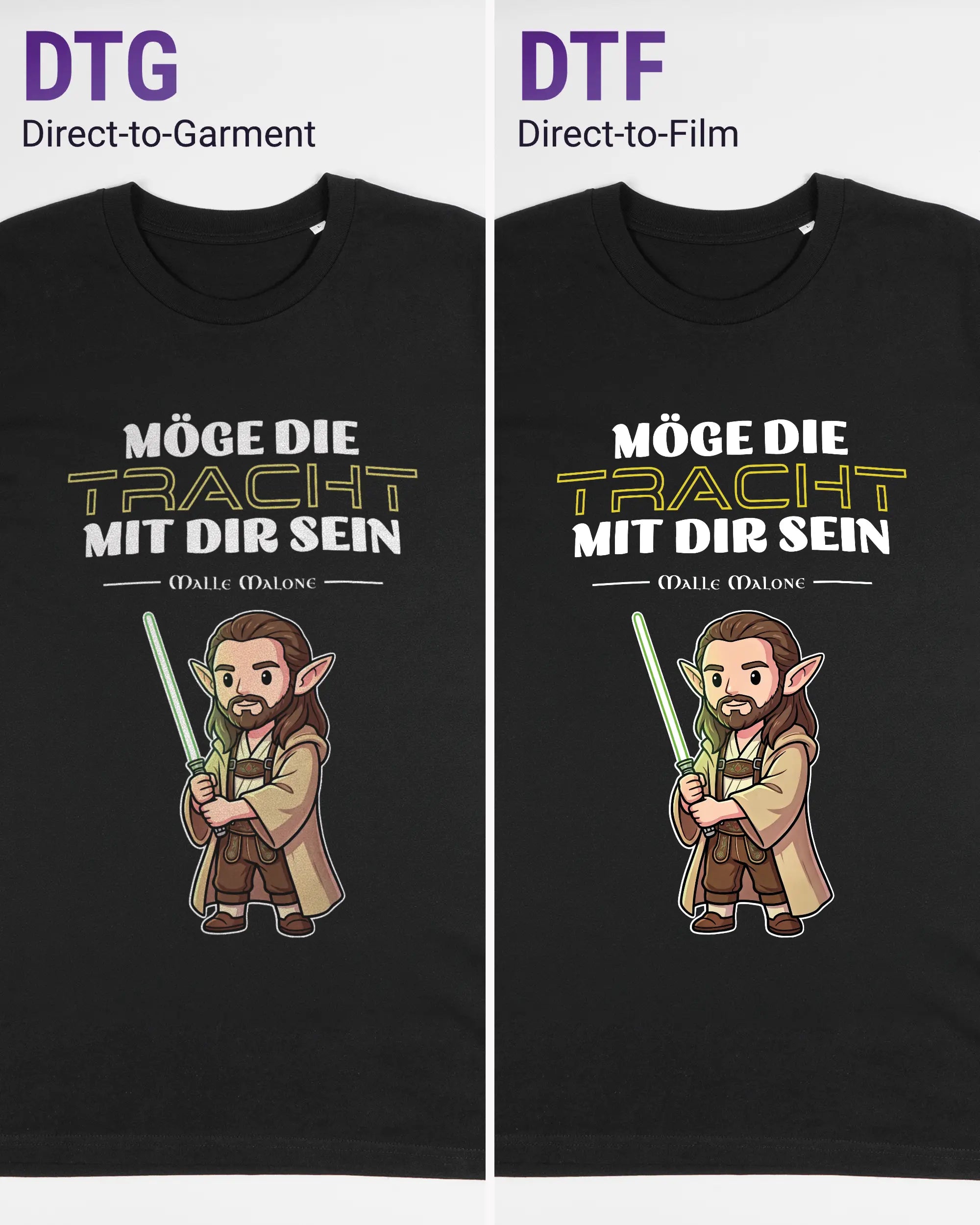 Vergleich der Vorderseiten des Organic Unisex T-Shirt Casual von Maondo mit dem Design Tracht mit dir in der Farbe Black und in der Größe L links mit dem Direct-to-Garment und rechts mit dem Direct-to-Film Verfahren
