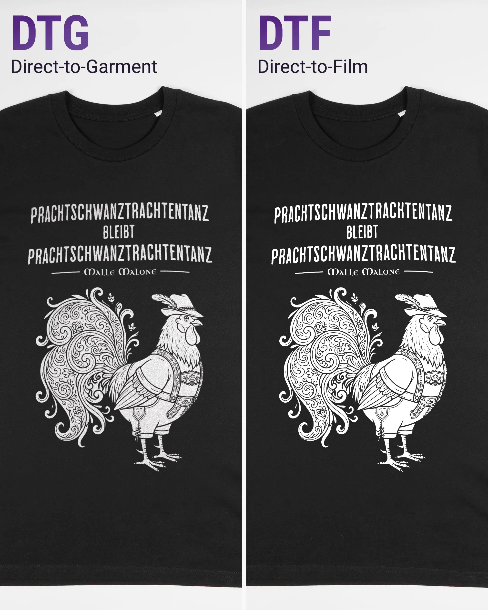 Vergleich der Vorderseiten des Organic Unisex T-Shirt Casual von Maondo mit dem Design Trachtentanz in der Farbe Black und in der Größe L links mit dem Direct-to-Garment und rechts mit dem Direct-to-Film Verfahren