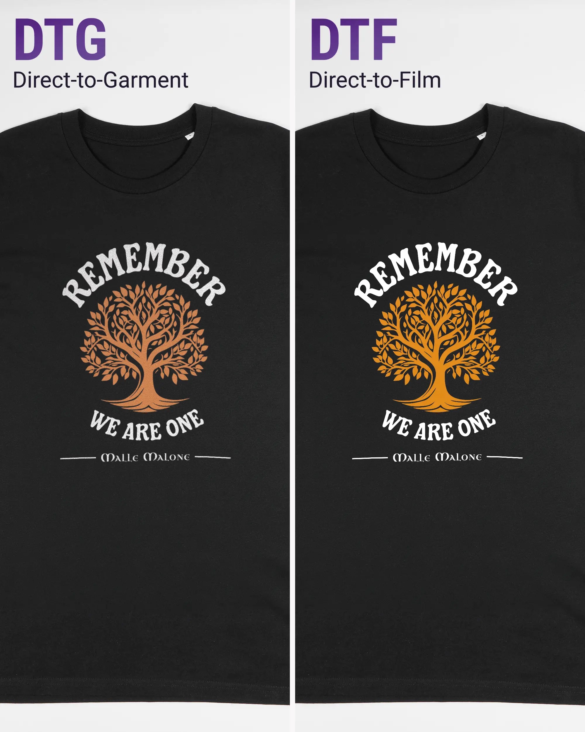 Vergleich der Vorderseiten des Organic Unisex T-Shirt Casual von Maondo mit dem Design We are one in der Farbe Black und in der Größe L links mit dem Direct-to-Garment und rechts mit dem Direct-to-Film Verfahren