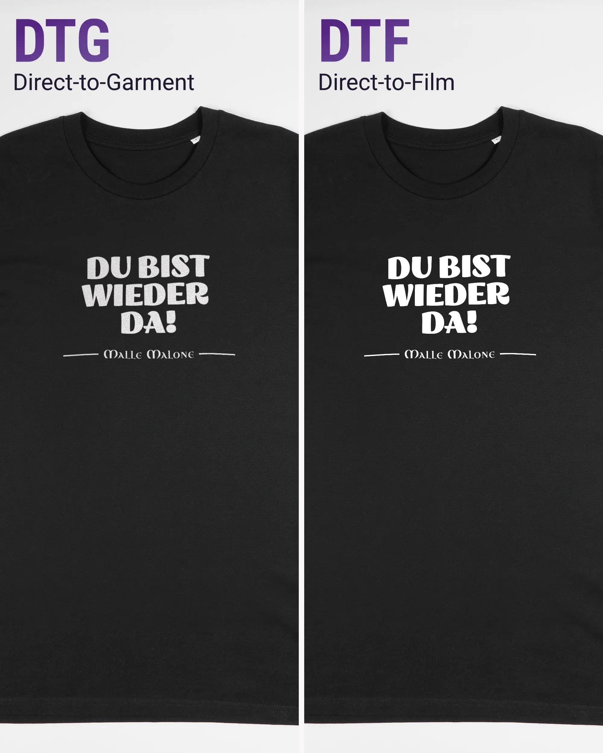 Vergleich der Vorderseiten des Organic Unisex T-Shirt Casual von Maondo mit dem Design Wieder da in der Farbe Black und in der Größe L links mit dem Direct-to-Garment und rechts mit dem Direct-to-Film Verfahren