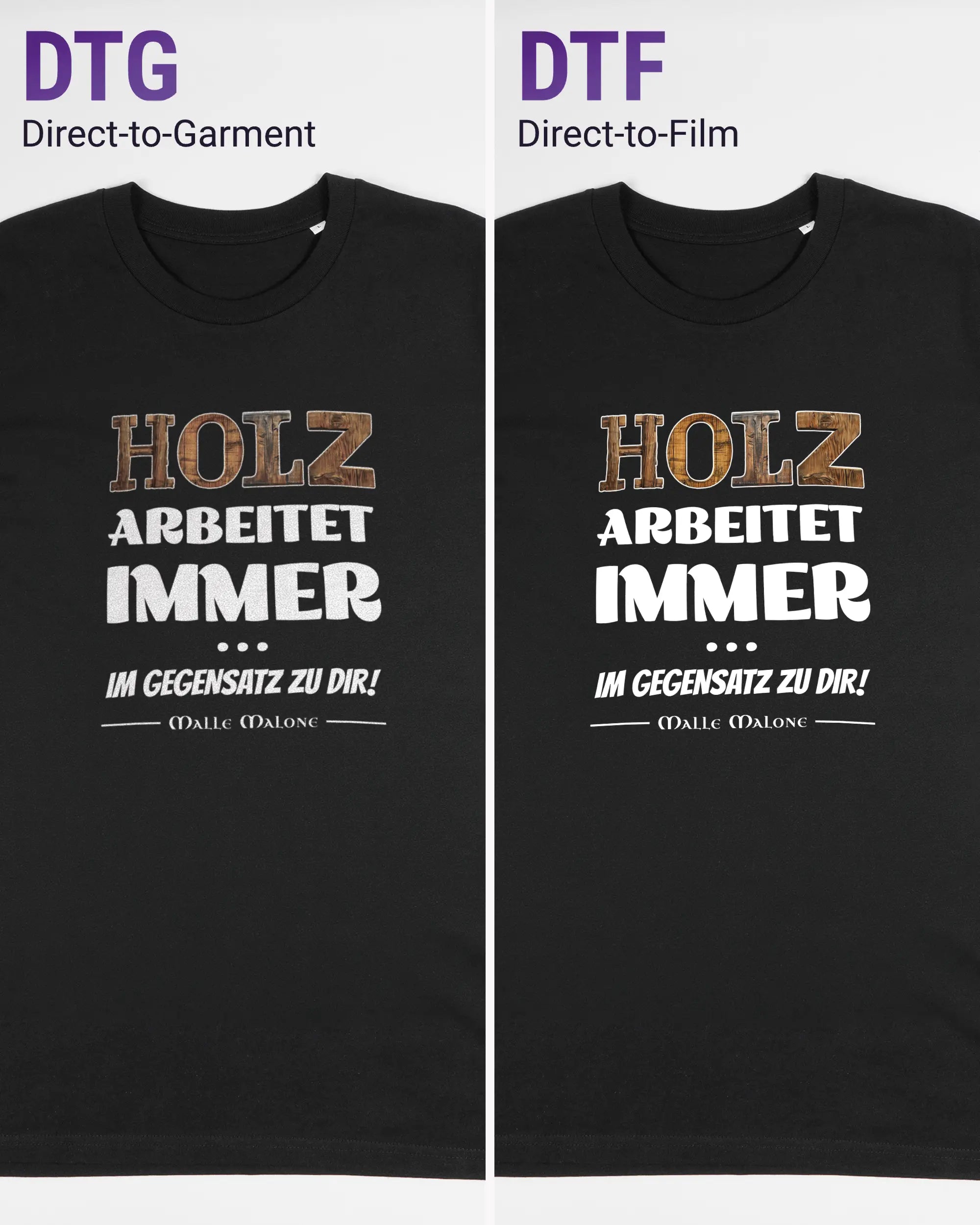 Vergleich der Vorderseiten des Organic Unisex T-Shirt Casual von Maondo mit dem Design Holzarbeit in der Farbe Black und in der Größe L links mit dem Direct-to-Garment und rechts mit dem Direct-to-Film Verfahren