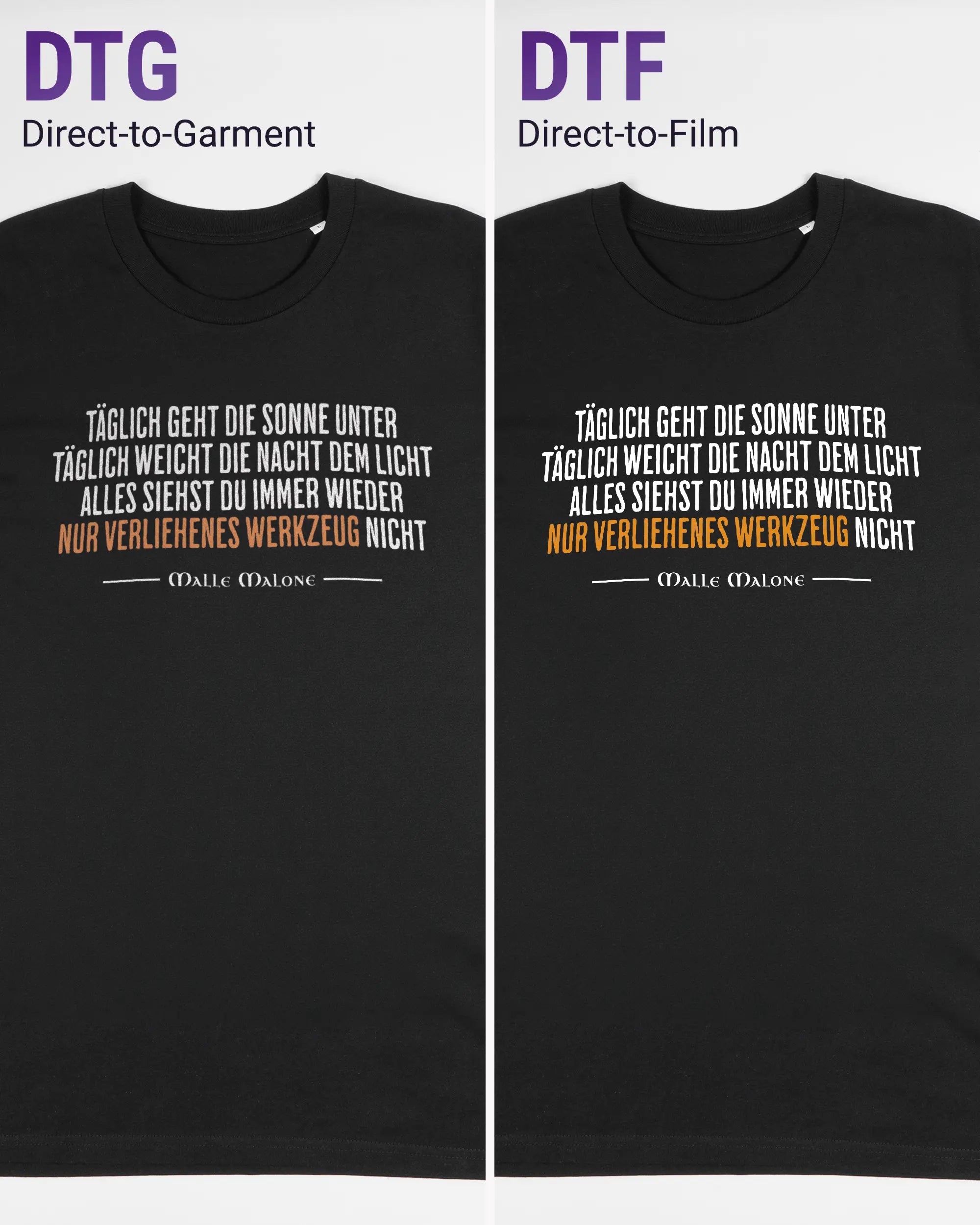 Vergleich der Vorderseiten des Organic Unisex T-Shirt Casual von Maondo mit dem Design Wegzeug in der Farbe Black und in der Größe L links mit dem Direct-to-Garment und rechts mit dem Direct-to-Film Verfahren