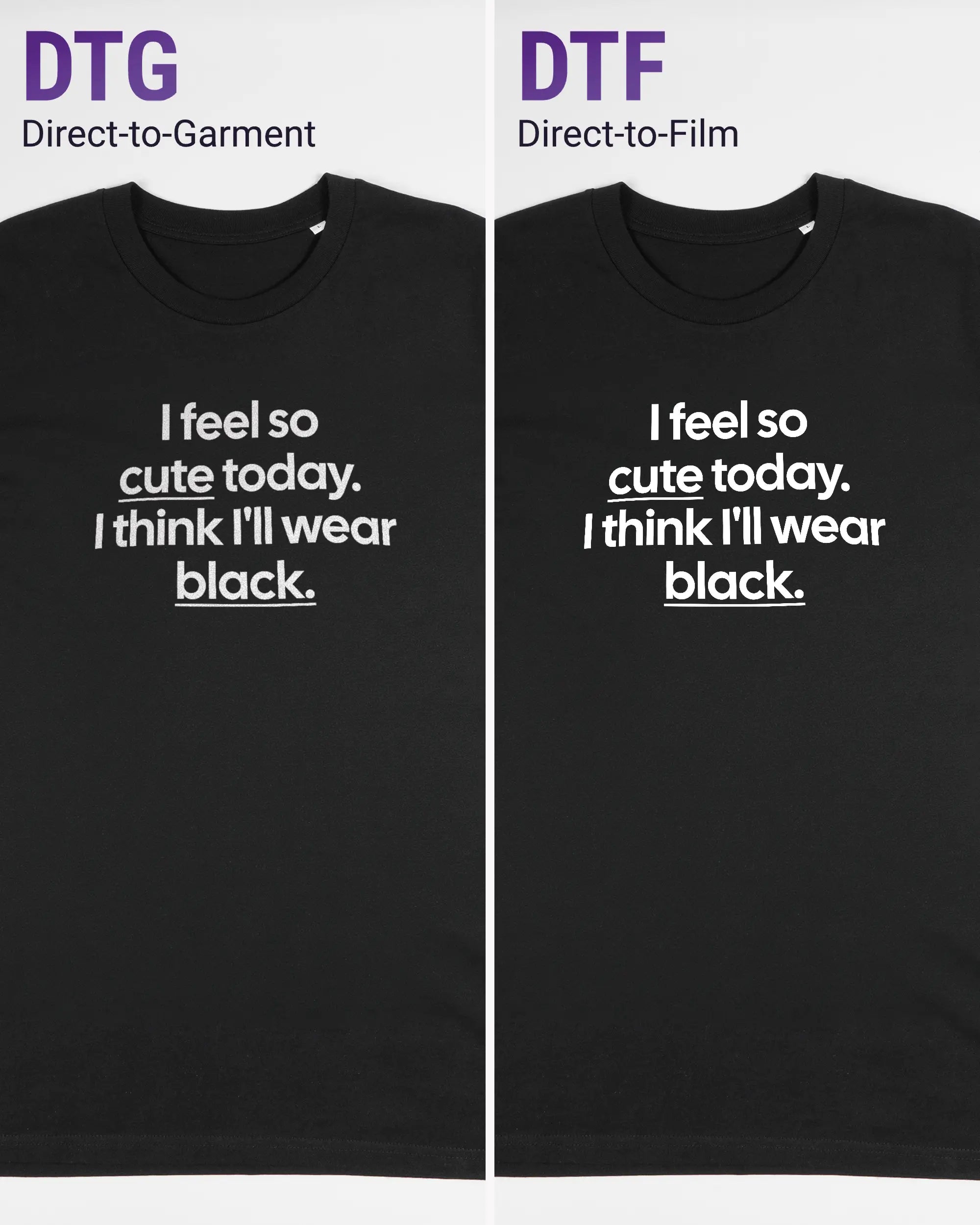 Vergleich der Vorderseiten des Organic Unisex T-Shirt Casual von Maondo mit dem Design Colorful Day in der Farbe Black und in der Größe L links mit dem Direct-to-Garment und rechts mit dem Direct-to-Film Verfahren
