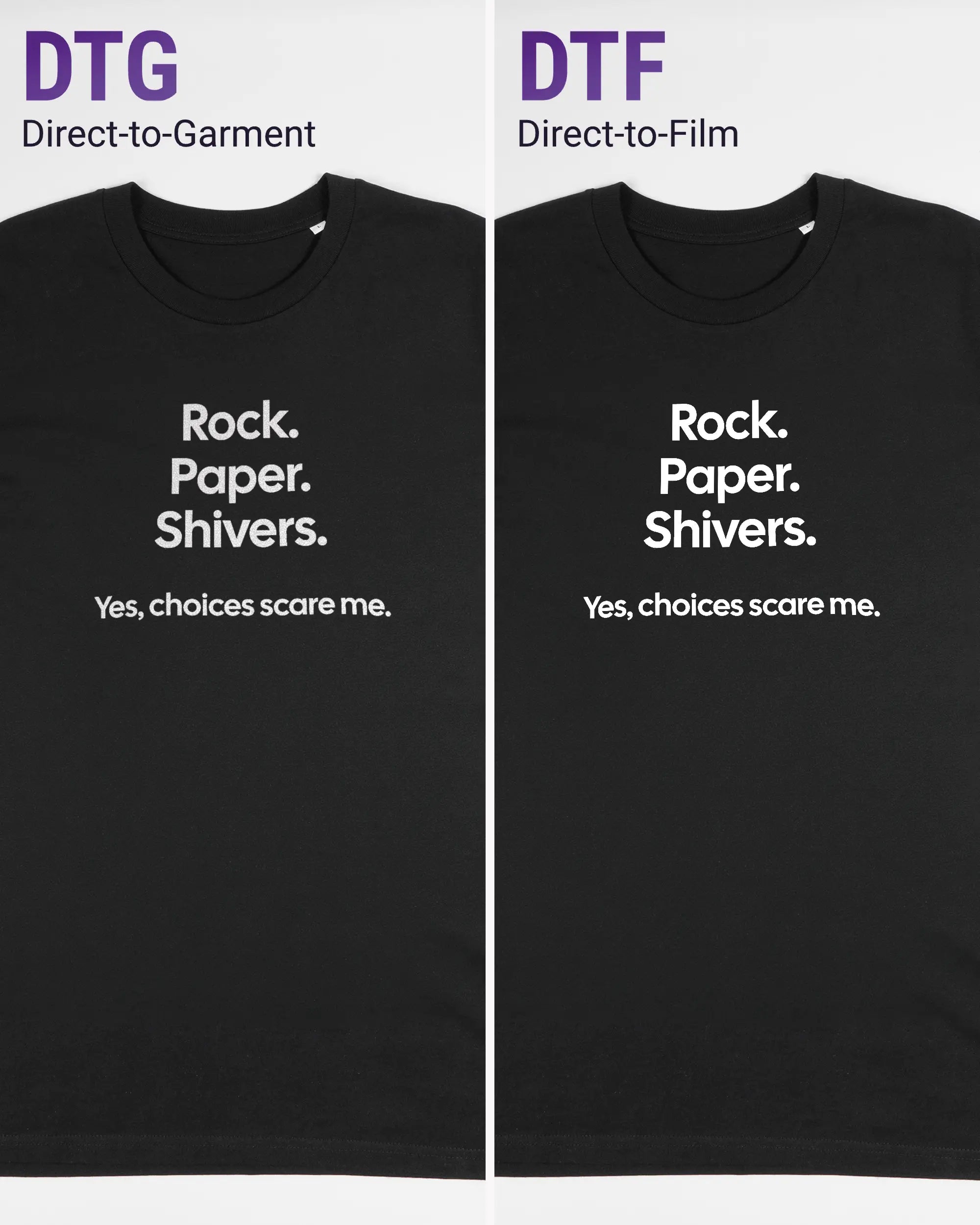 Vergleich der Vorderseiten des Organic Unisex T-Shirt Casual von Maondo mit dem Design Rock Paper Shivers in der Farbe Black und in der Größe L links mit dem Direct-to-Garment und rechts mit dem Direct-to-Film Verfahren