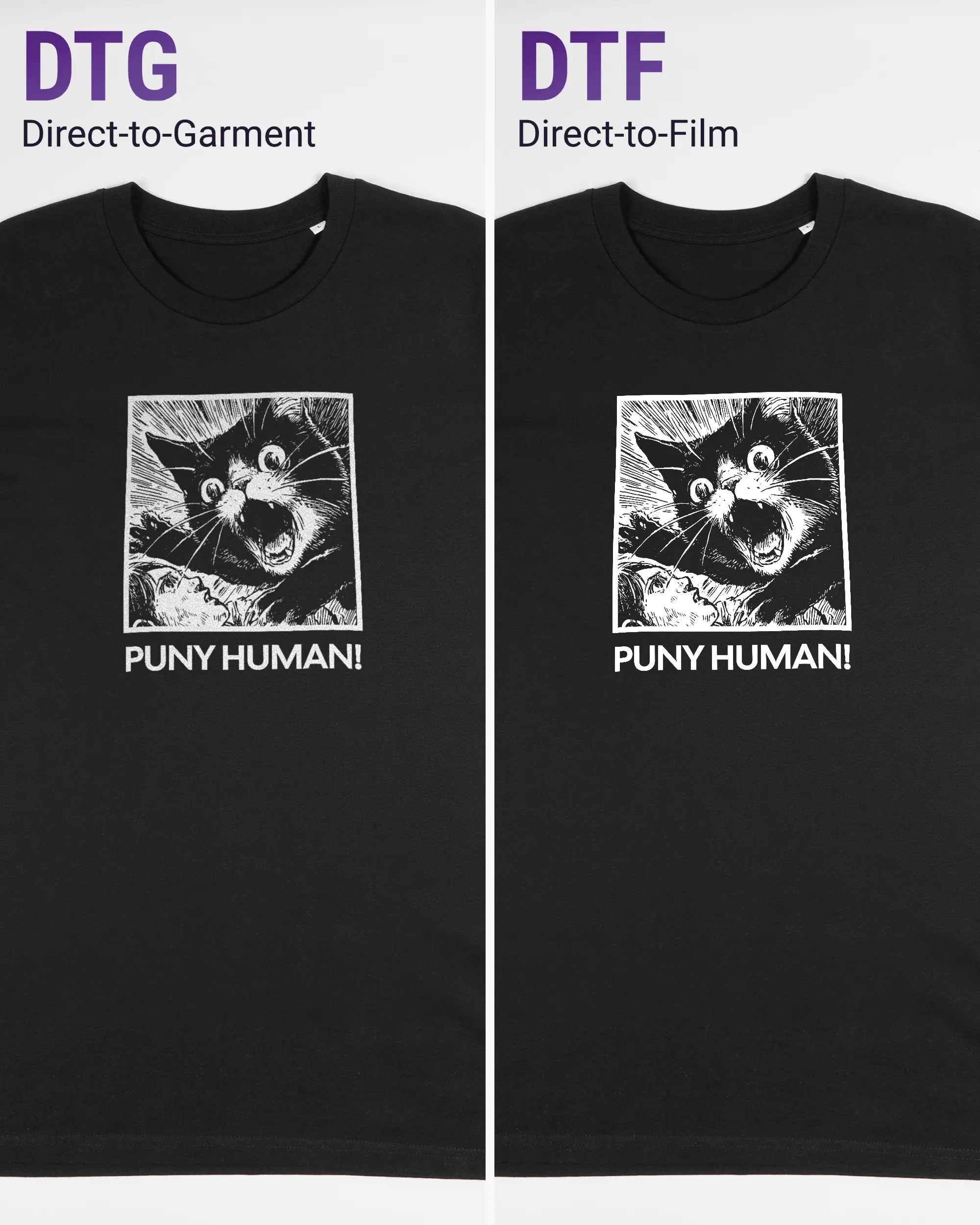 Vergleich der Vorderseiten des Organic Unisex T-Shirt Casual von Maondo mit dem Design Puny Human in der Farbe Black und in der Größe L links mit dem Direct-to-Garment und rechts mit dem Direct-to-Film Verfahren