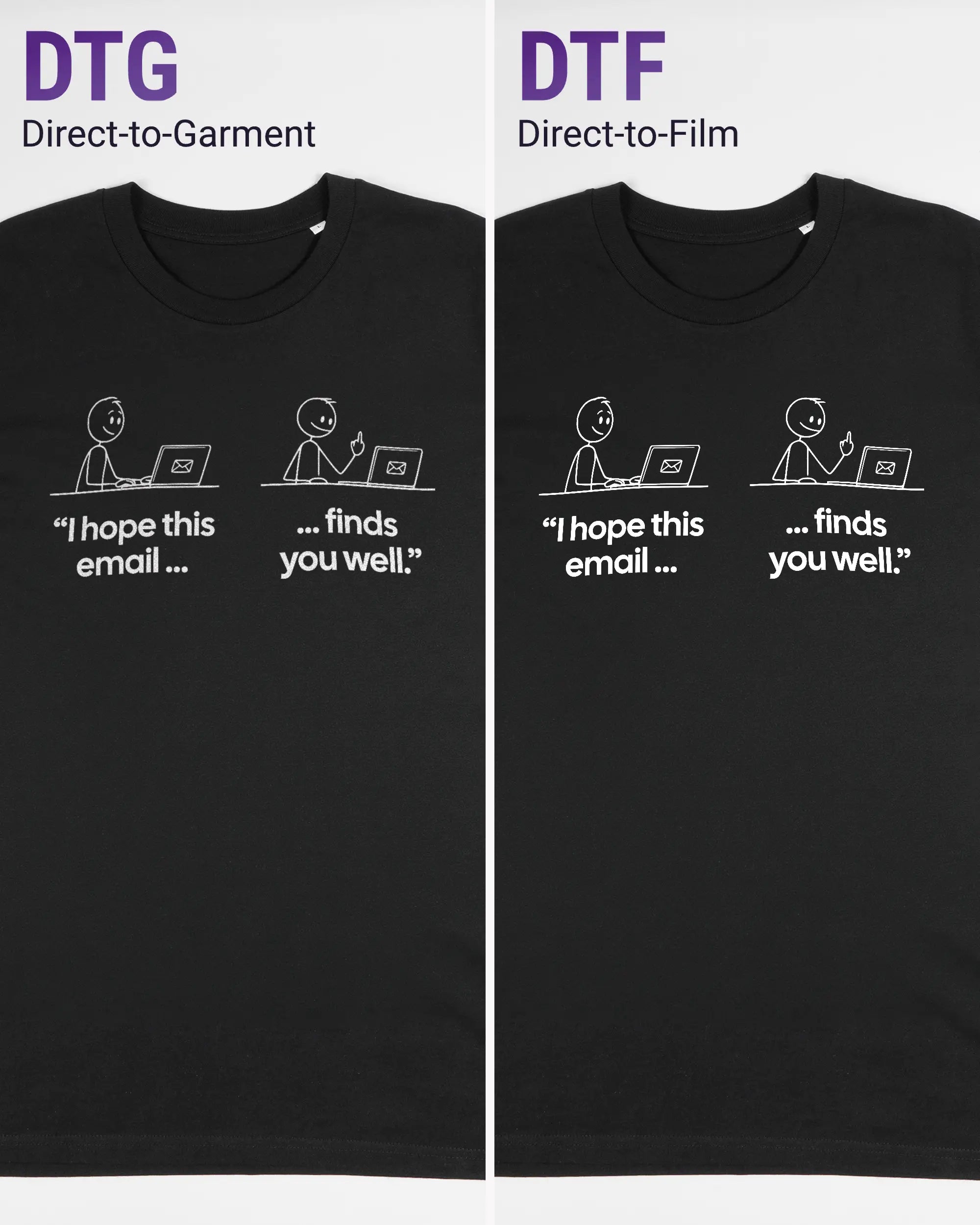 Vergleich der Vorderseiten des Organic Unisex T-Shirt Casual von Maondo mit dem Design Found me not well in der Farbe Black und in der Größe L links mit dem Direct-to-Garment und rechts mit dem Direct-to-Film Verfahren