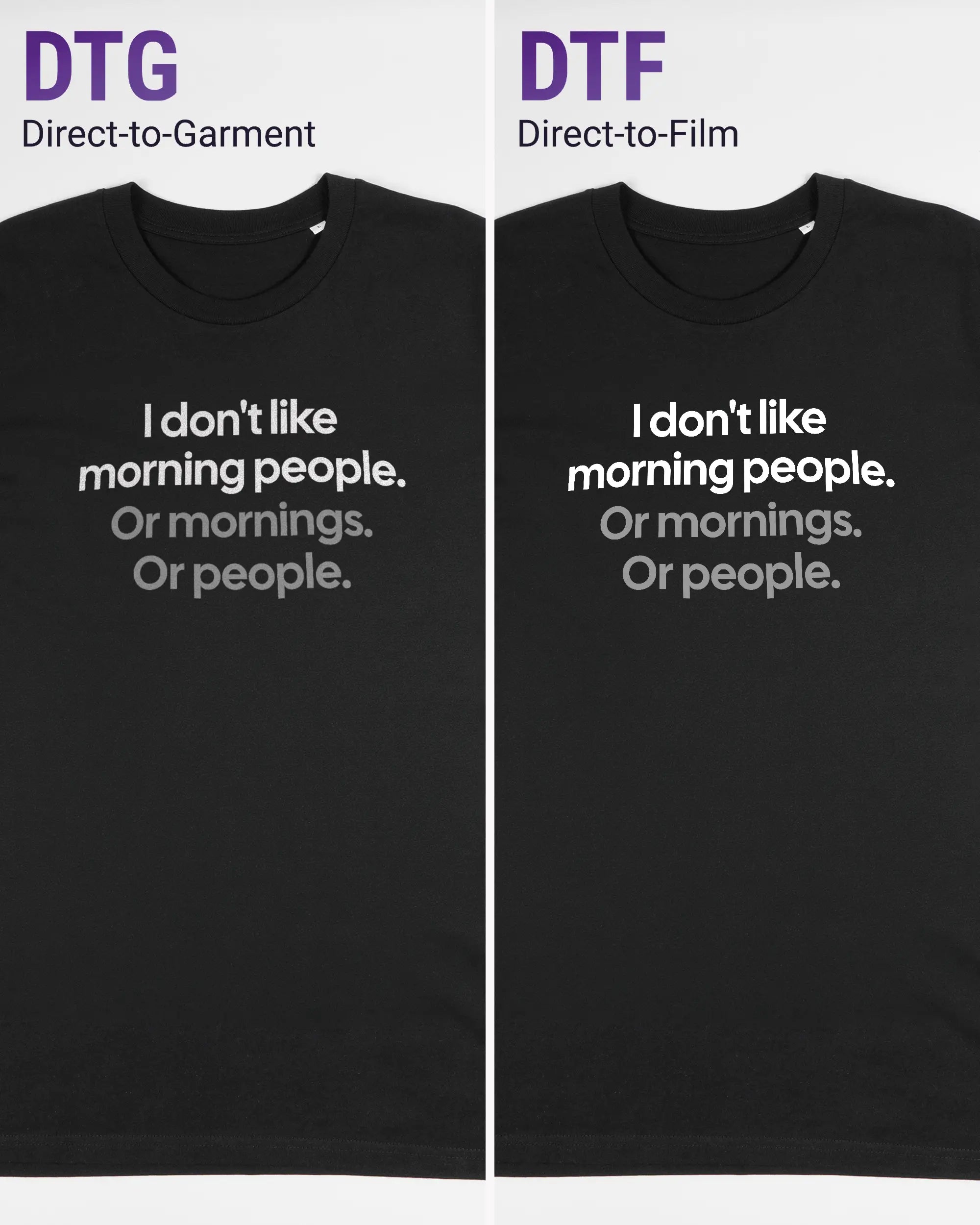 Vergleich der Vorderseiten des Organic Unisex T-Shirt Casual von Maondo mit dem Design Morning Person in der Farbe Black und in der Größe L links mit dem Direct-to-Garment und rechts mit dem Direct-to-Film Verfahren