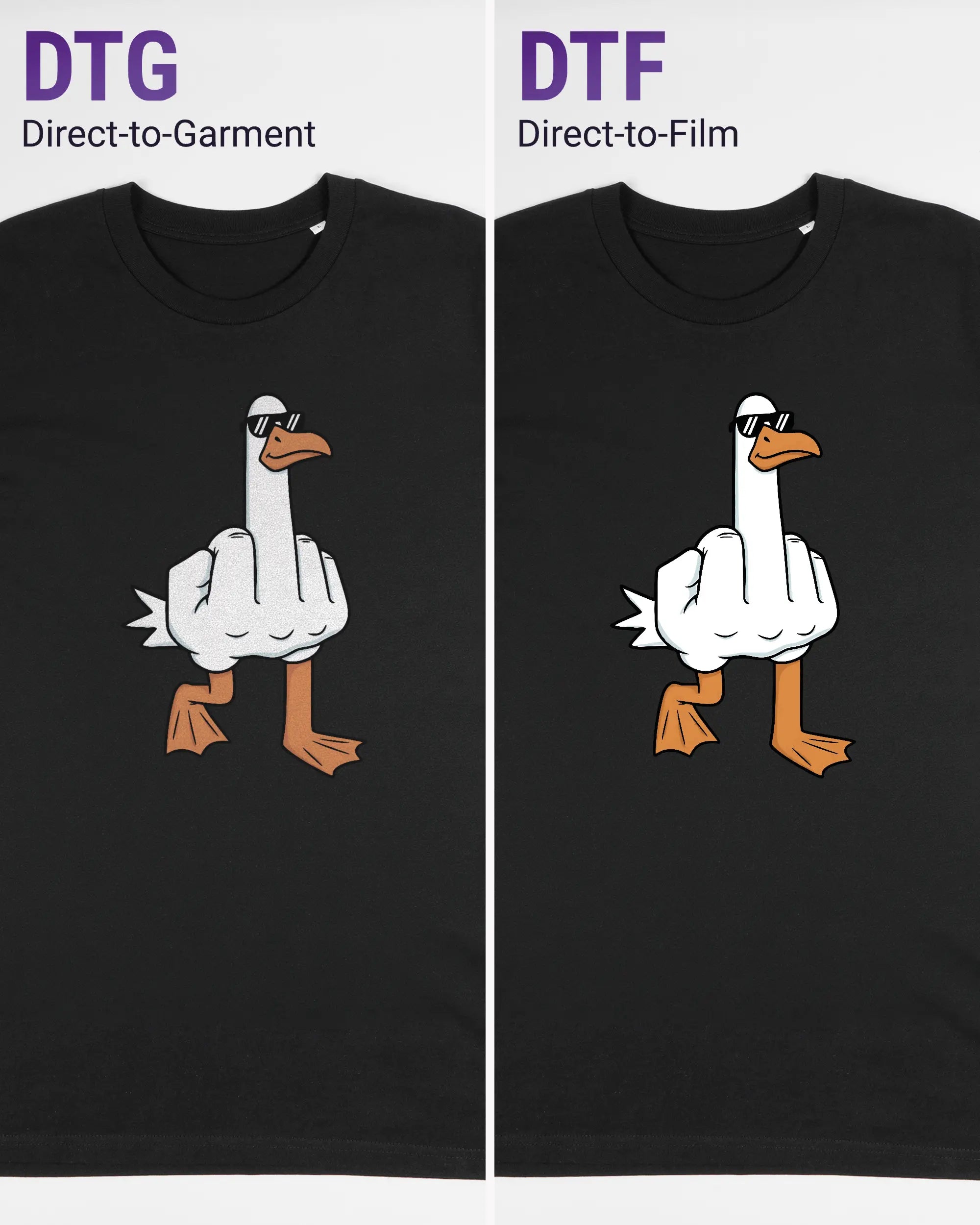 Vergleich der Vorderseiten des Organic Unisex T-Shirt Casual von Maondo mit dem Design I give a duck in der Farbe Black und in der Größe L links mit dem Direct-to-Garment und rechts mit dem Direct-to-Film Verfahren