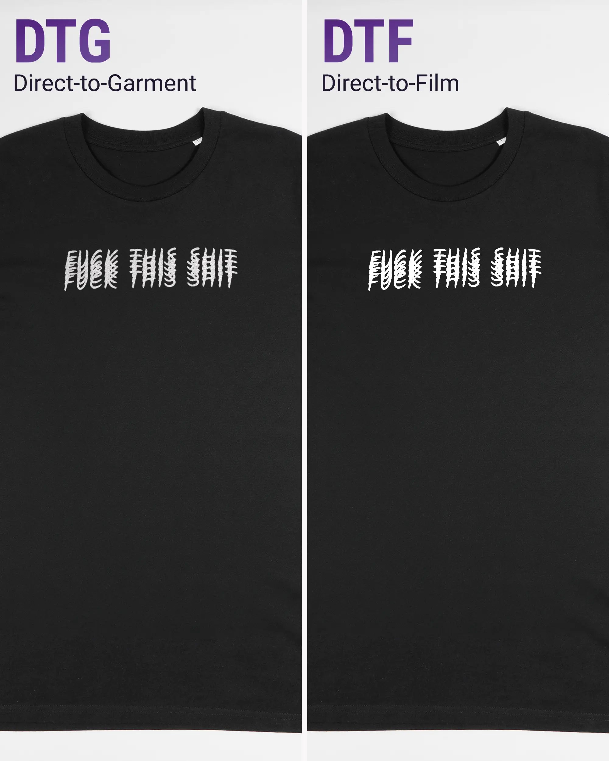 Vergleich der Vorderseiten des Organic Unisex T-Shirt Casual von Maondo mit dem Design Hidden Message in der Farbe Black und in der Größe L links mit dem Direct-to-Garment und rechts mit dem Direct-to-Film Verfahren