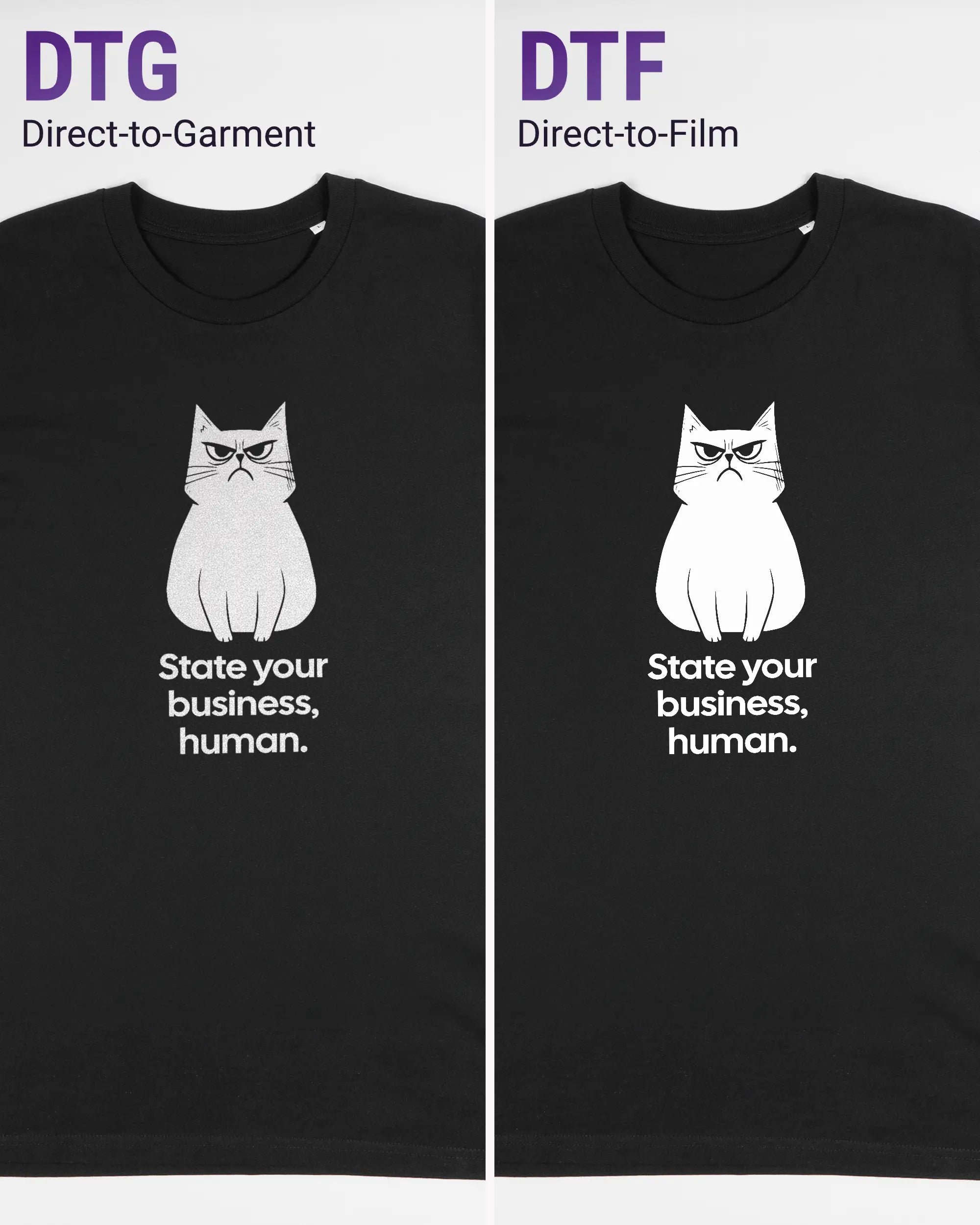 Vergleich der Vorderseiten des Organic Unisex T-Shirt Casual von Maondo mit dem Design Grumpy Purr in der Farbe Black und in der Größe L links mit dem Direct-to-Garment und rechts mit dem Direct-to-Film Verfahren