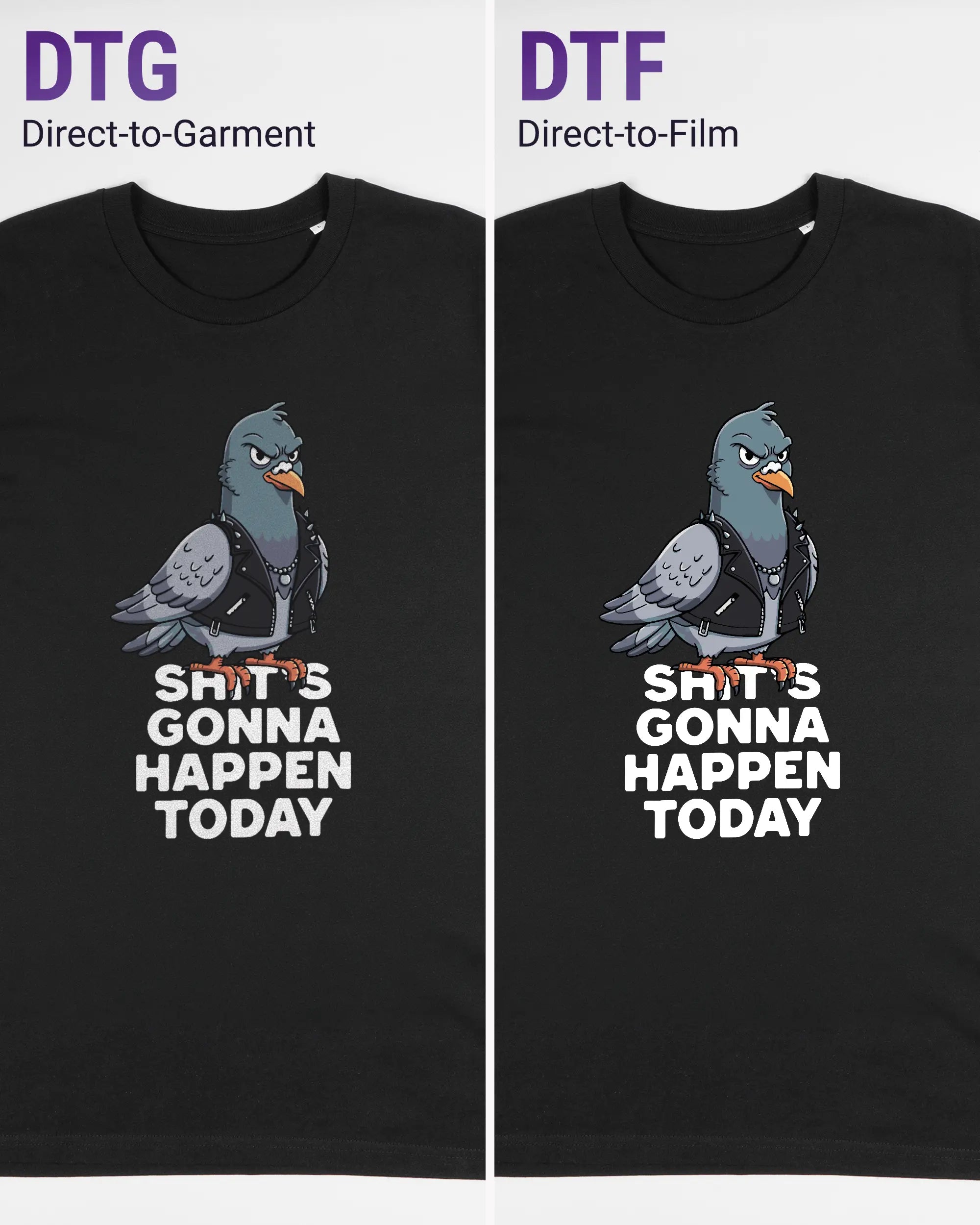 Vergleich der Vorderseiten des Organic Unisex T-Shirt Casual von Maondo mit dem Design Pigeon Pun in der Farbe Black und in der Größe L links mit dem Direct-to-Garment und rechts mit dem Direct-to-Film Verfahren