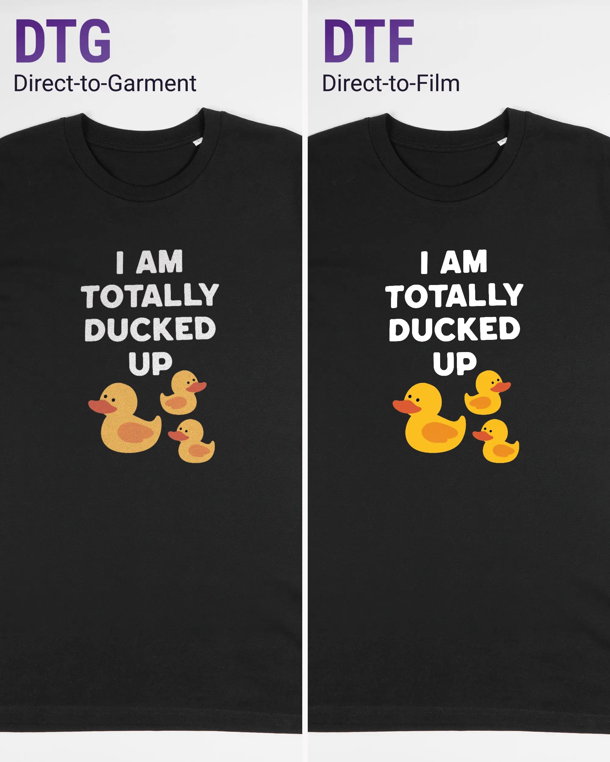 Vergleich der Vorderseiten des Organic Unisex T-Shirt Casual von Maondo mit dem Design Ducked Up in der Farbe Black und in der Größe L links mit dem Direct-to-Garment und rechts mit dem Direct-to-Film Verfahren