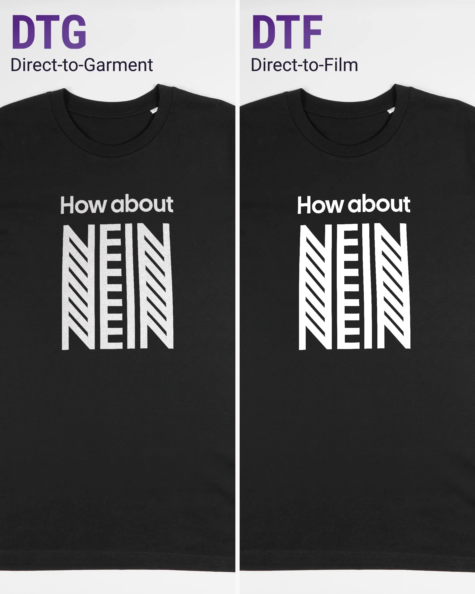 Vergleich der Vorderseiten des Organic Unisex T-Shirt Casual von Maondo mit dem Design How about nein in der Farbe Black und in der Größe L links mit dem Direct-to-Garment und rechts mit dem Direct-to-Film Verfahren
