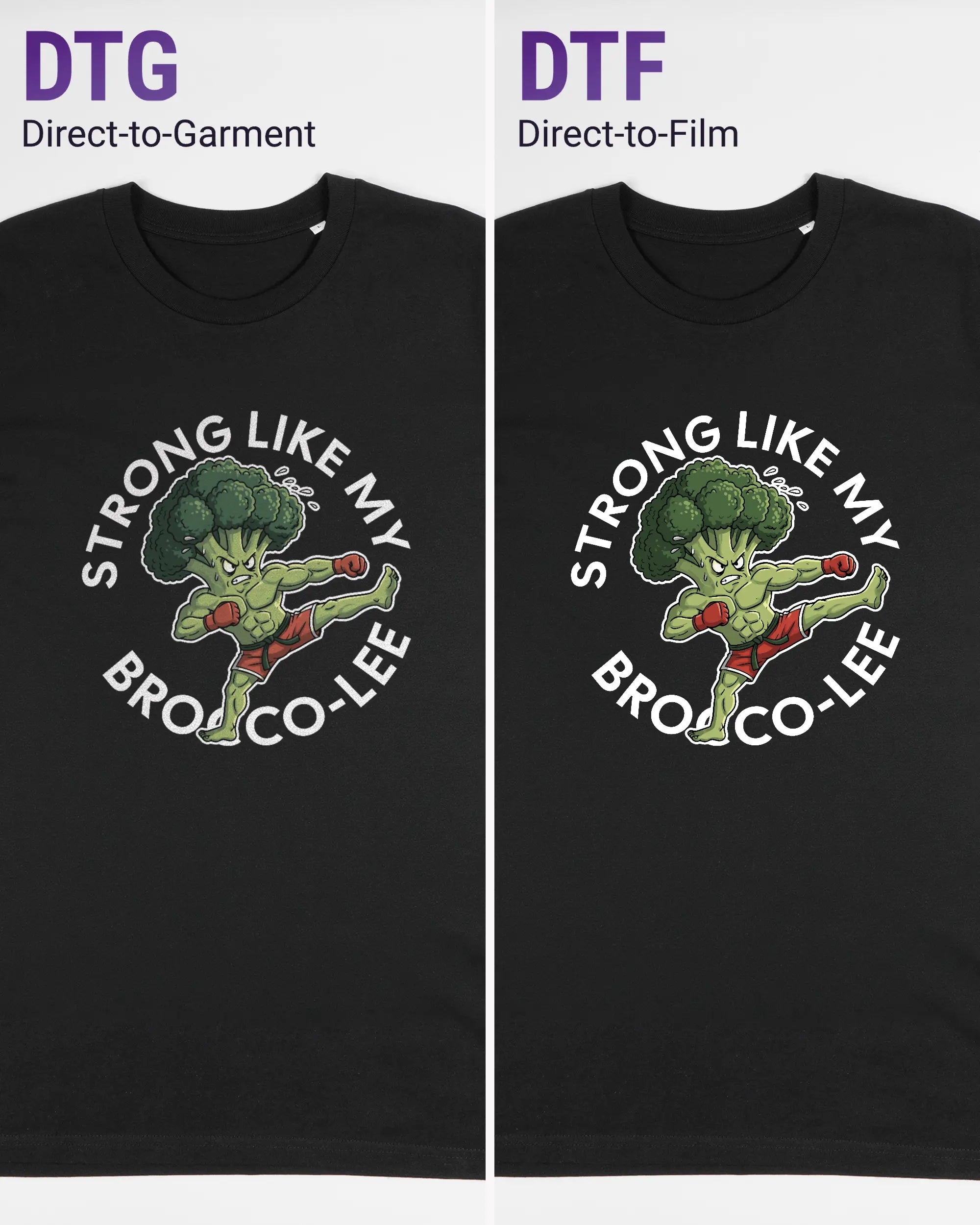 Vergleich der Vorderseiten des Organic Unisex T-Shirt Casual von Maondo mit dem Design Brocco-Lee in der Farbe Black und in der Größe L links mit dem Direct-to-Garment und rechts mit dem Direct-to-Film Verfahren
