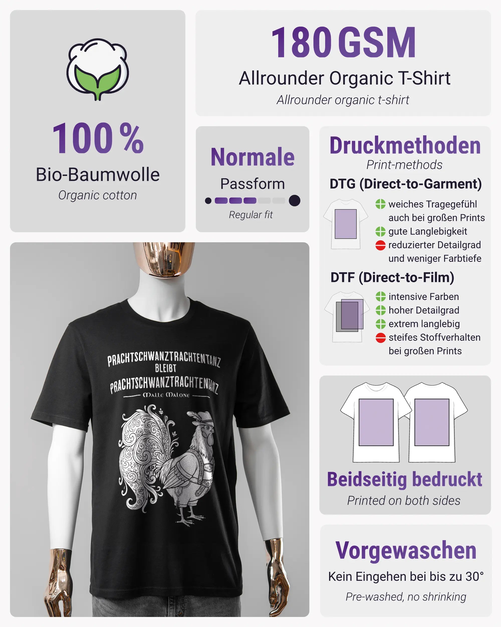Produktinformationsblatt des Organic Unisex T-Shirt Casual von Maondo mit dem Design Trachtentanz vorne in der Farbe Black und in der Größe S