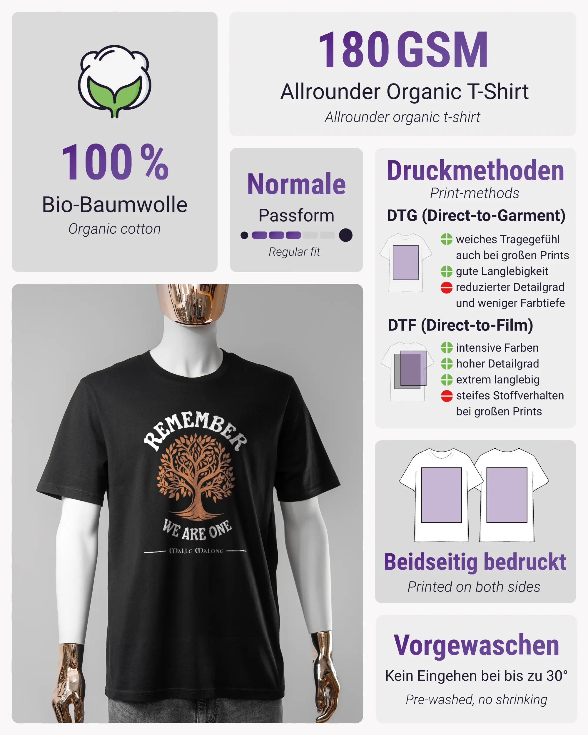 Produktinformationsblatt des Organic Unisex T-Shirt Casual von Maondo mit dem Design We are one vorne in der Farbe Black und in der Größe S