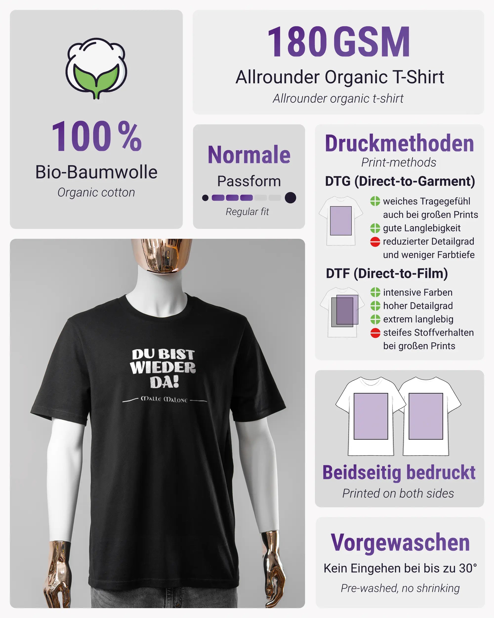 Produktinformationsblatt des Organic Unisex T-Shirt Casual von Maondo mit dem Design Wieder da vorne in der Farbe Black und in der Größe S