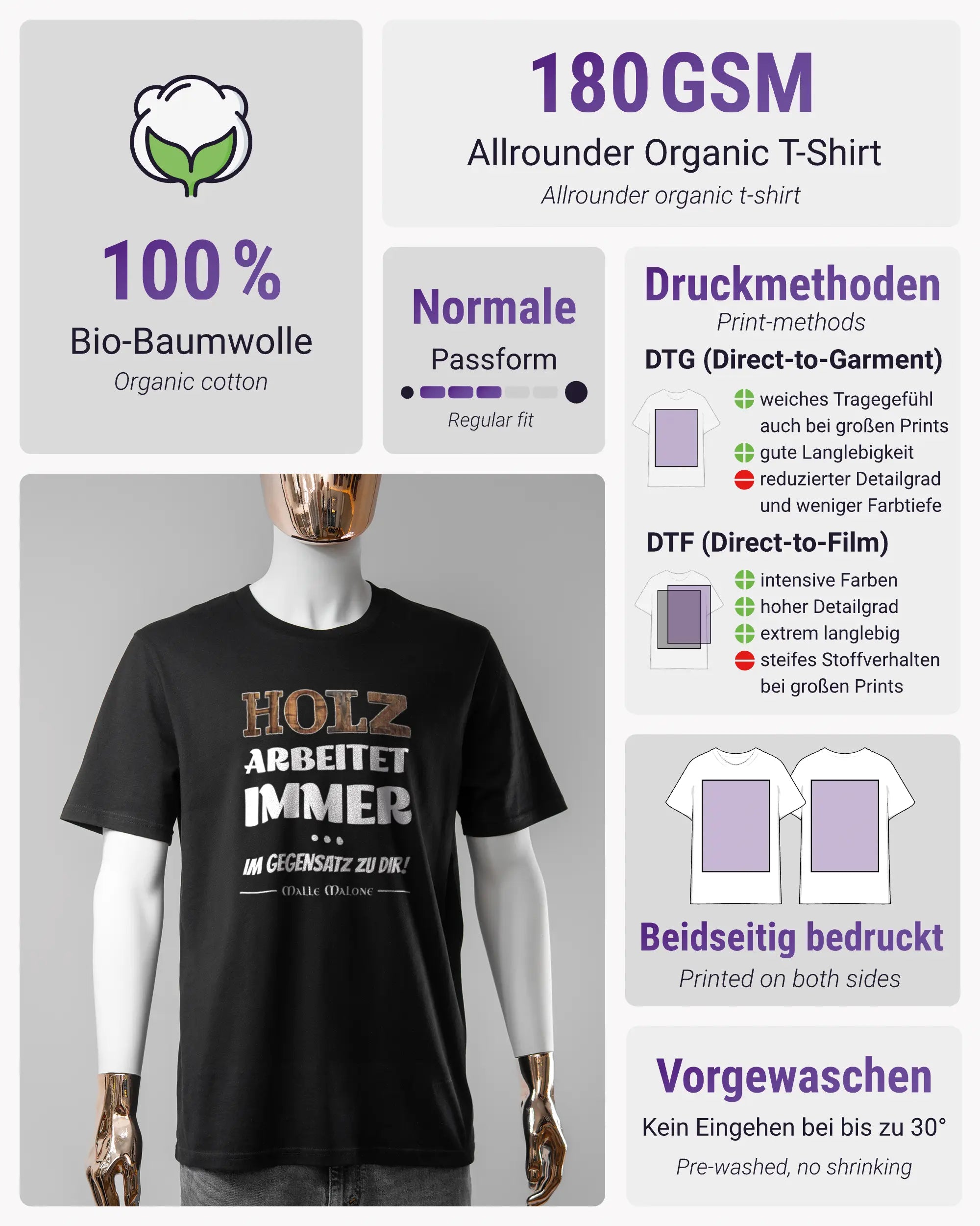 Produktinformationsblatt des Organic Unisex T-Shirt Casual von Maondo mit dem Design Holzarbeit vorne in der Farbe Black und in der Größe S