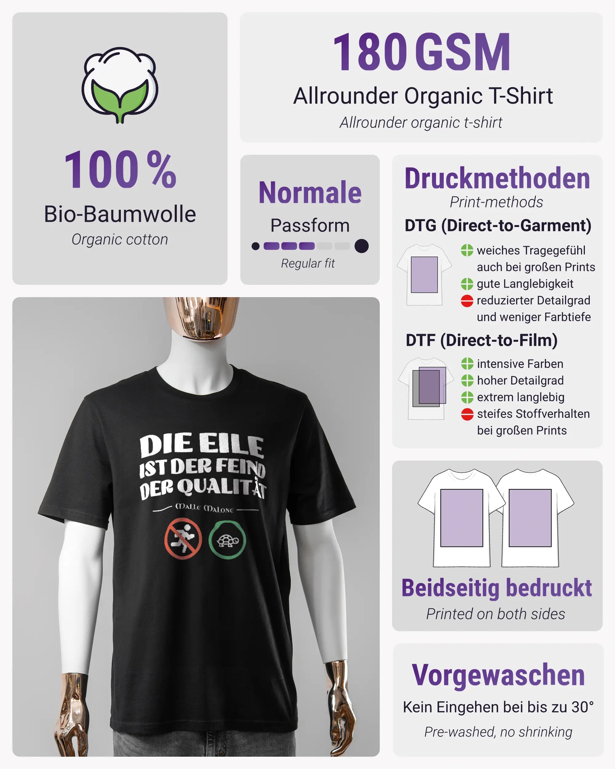 Produktinformationsblatt des Organic Unisex T-Shirt Casual von Maondo mit dem Design Keine Eile vorne in der Farbe Black und in der Größe S