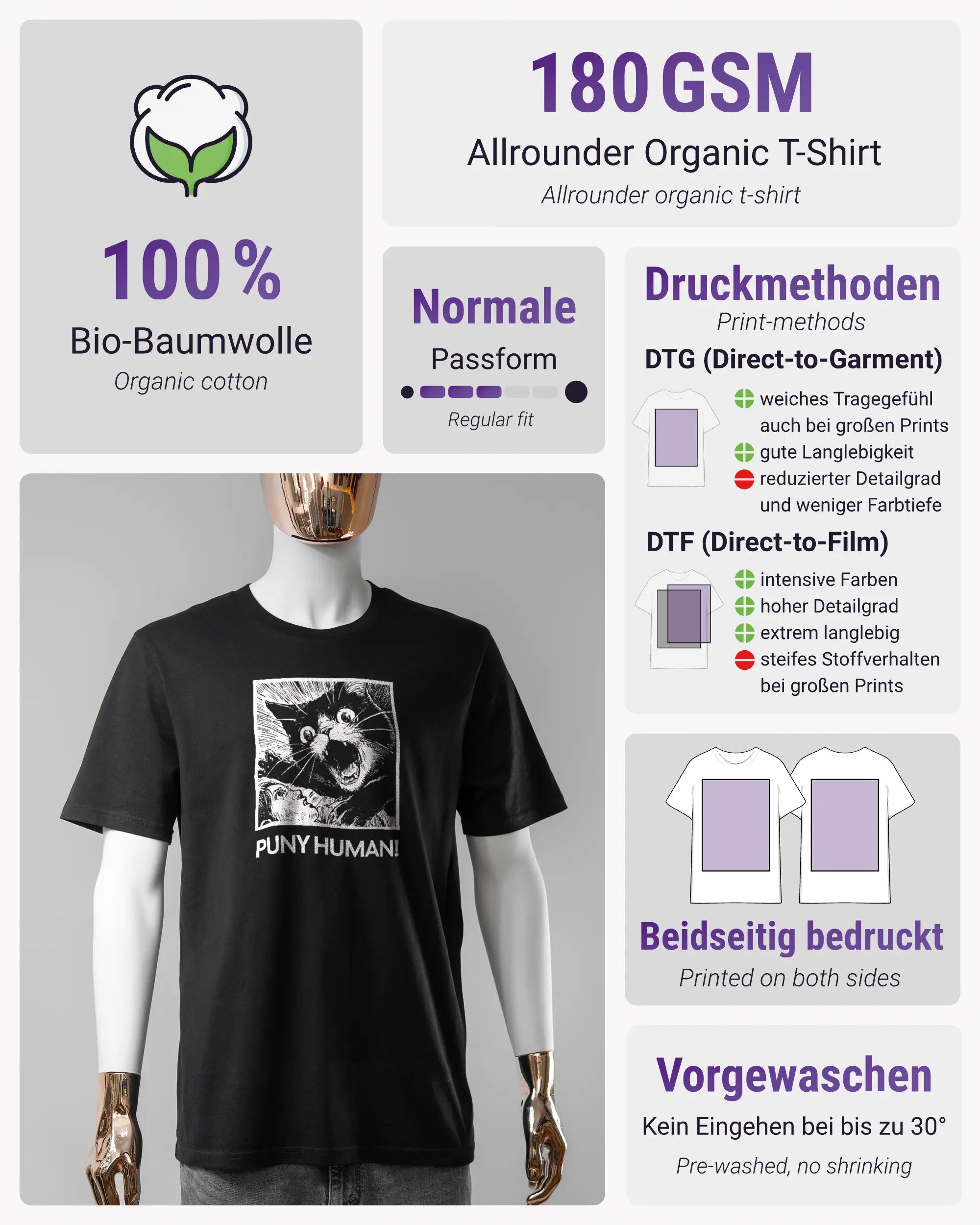 Produktinformationsblatt des Organic Unisex T-Shirt Casual von Maondo mit dem Design Puny Human vorne in der Farbe Black und in der Größe S