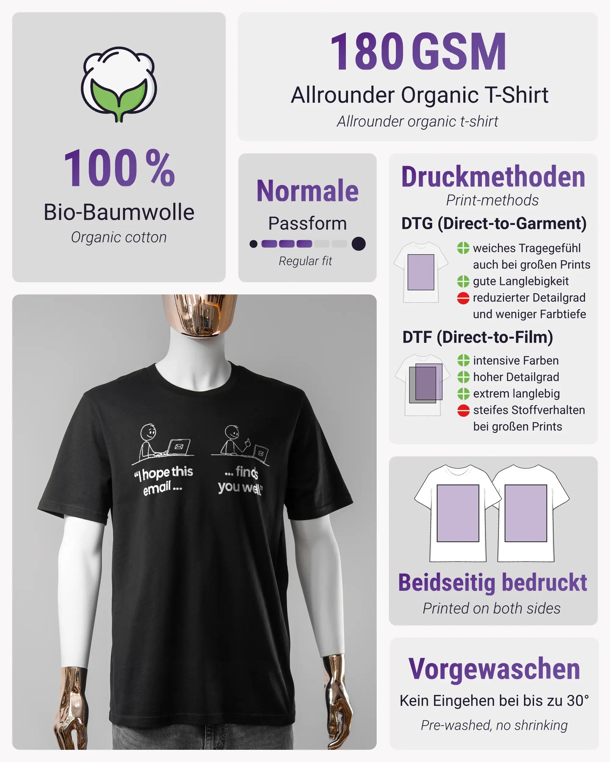 Produktinformationsblatt des Organic Unisex T-Shirt Casual von Maondo mit dem Design Found me not well vorne in der Farbe Black und in der Größe S