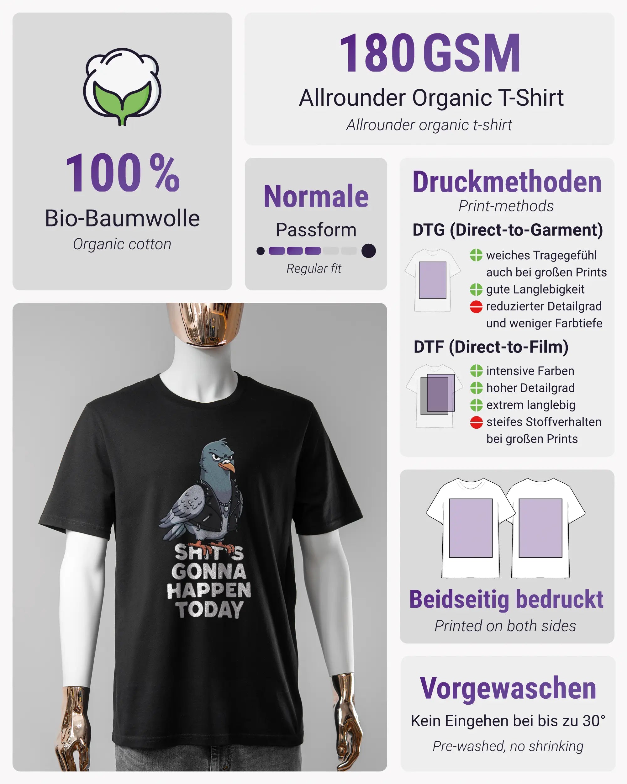 Produktinformationsblatt des Organic Unisex T-Shirt Casual von Maondo mit dem Design Pigeon Pun vorne in der Farbe Black und in der Größe S