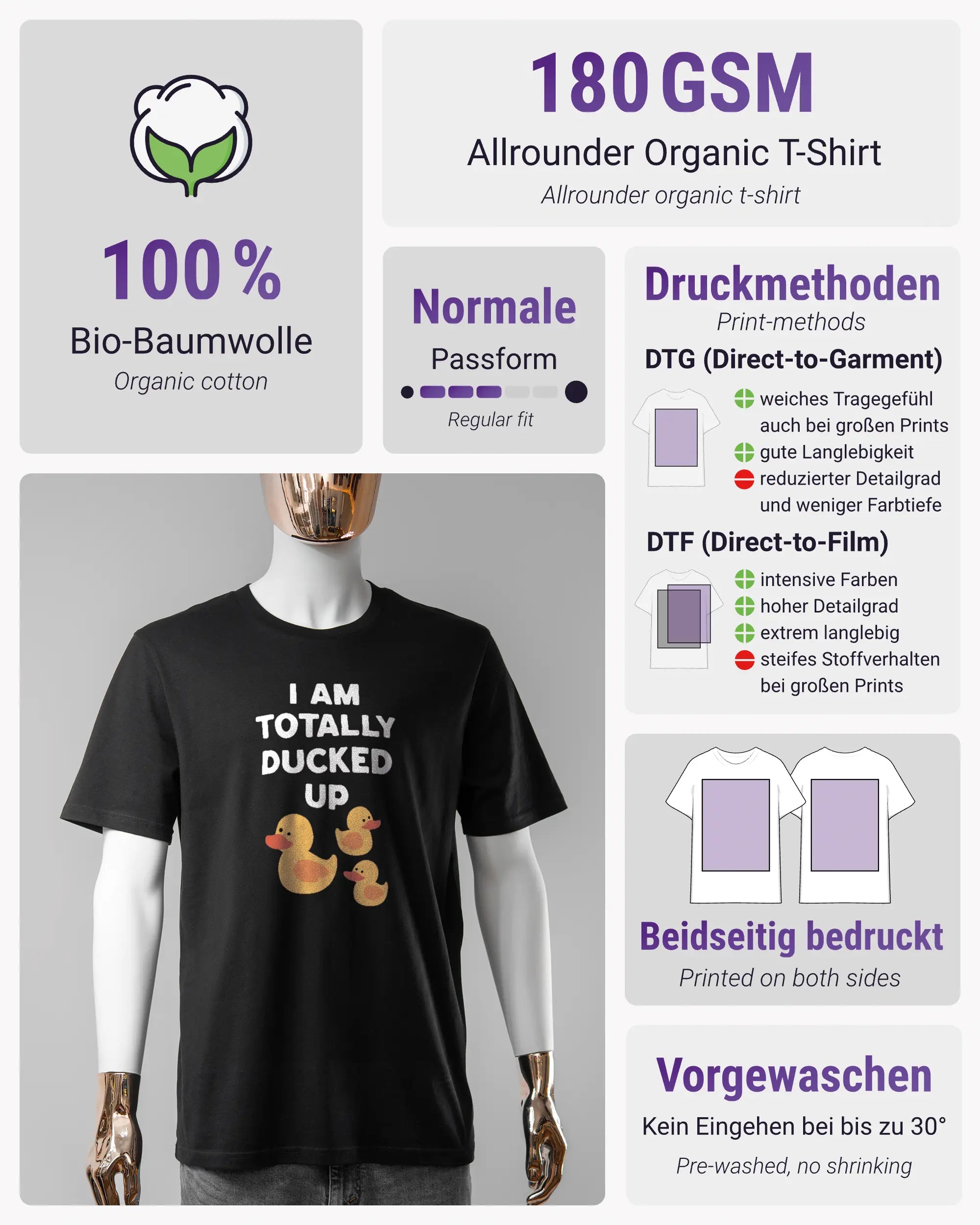 Produktinformationsblatt des Organic Unisex T-Shirt Casual von Maondo mit dem Design Ducked Up vorne in der Farbe Black und in der Größe S