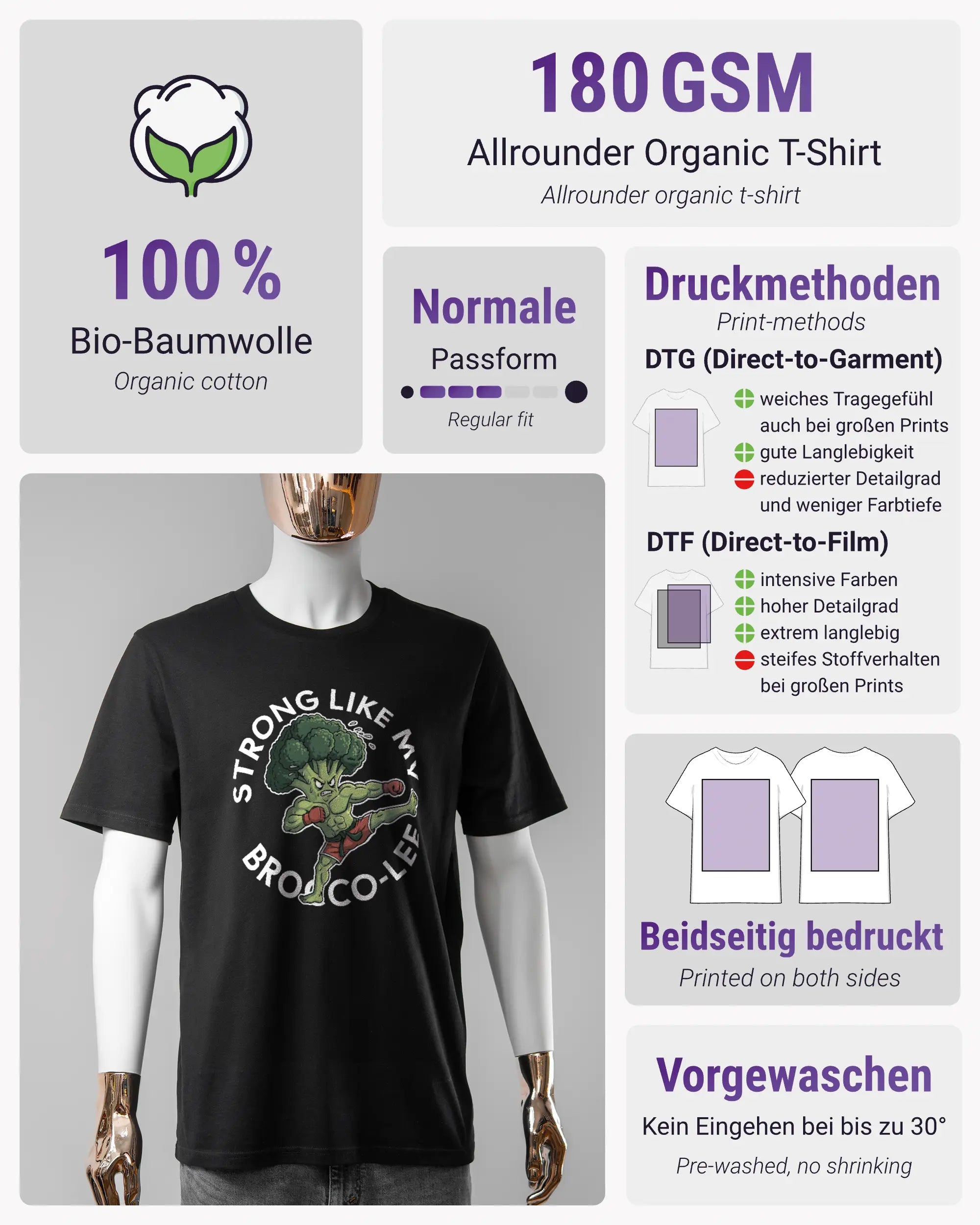 Produktinformationsblatt des Organic Unisex T-Shirt Casual von Maondo mit dem Design Brocco-Lee vorne in der Farbe Black und in der Größe S