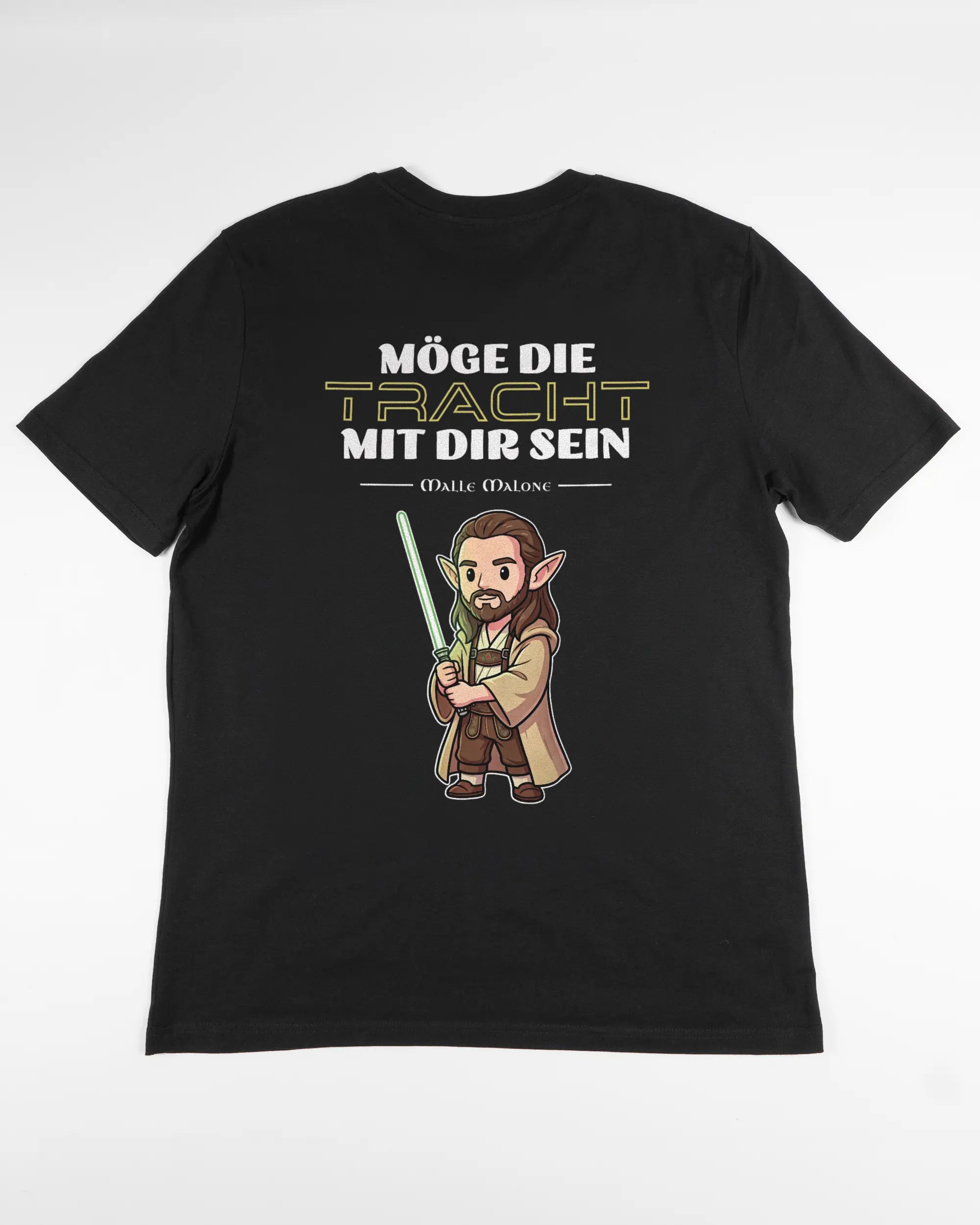 Rückseite des Organic Unisex T-Shirt Casual von Maondo mit dem Design Tracht mit dir in der Farbe Black und in der Größe L flach auf den Boden gelegt