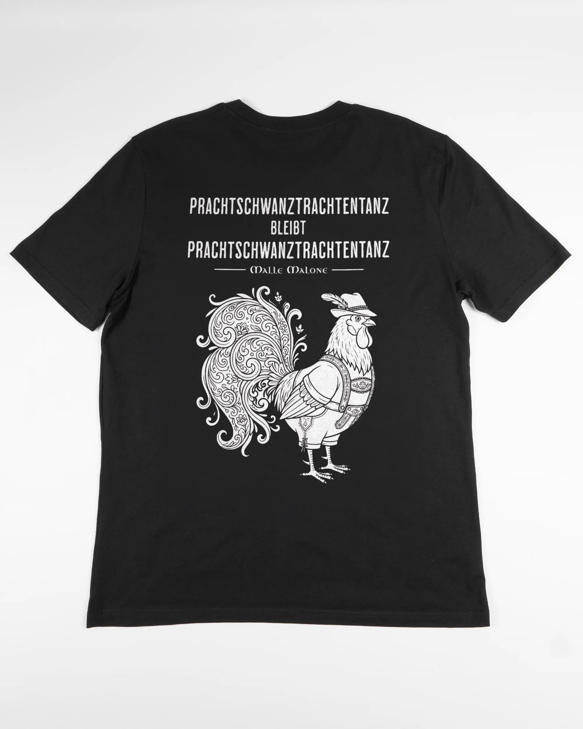 Rückseite des Organic Unisex T-Shirt Casual von Maondo mit dem Design Trachtentanz in der Farbe Black und in der Größe L flach auf den Boden gelegt