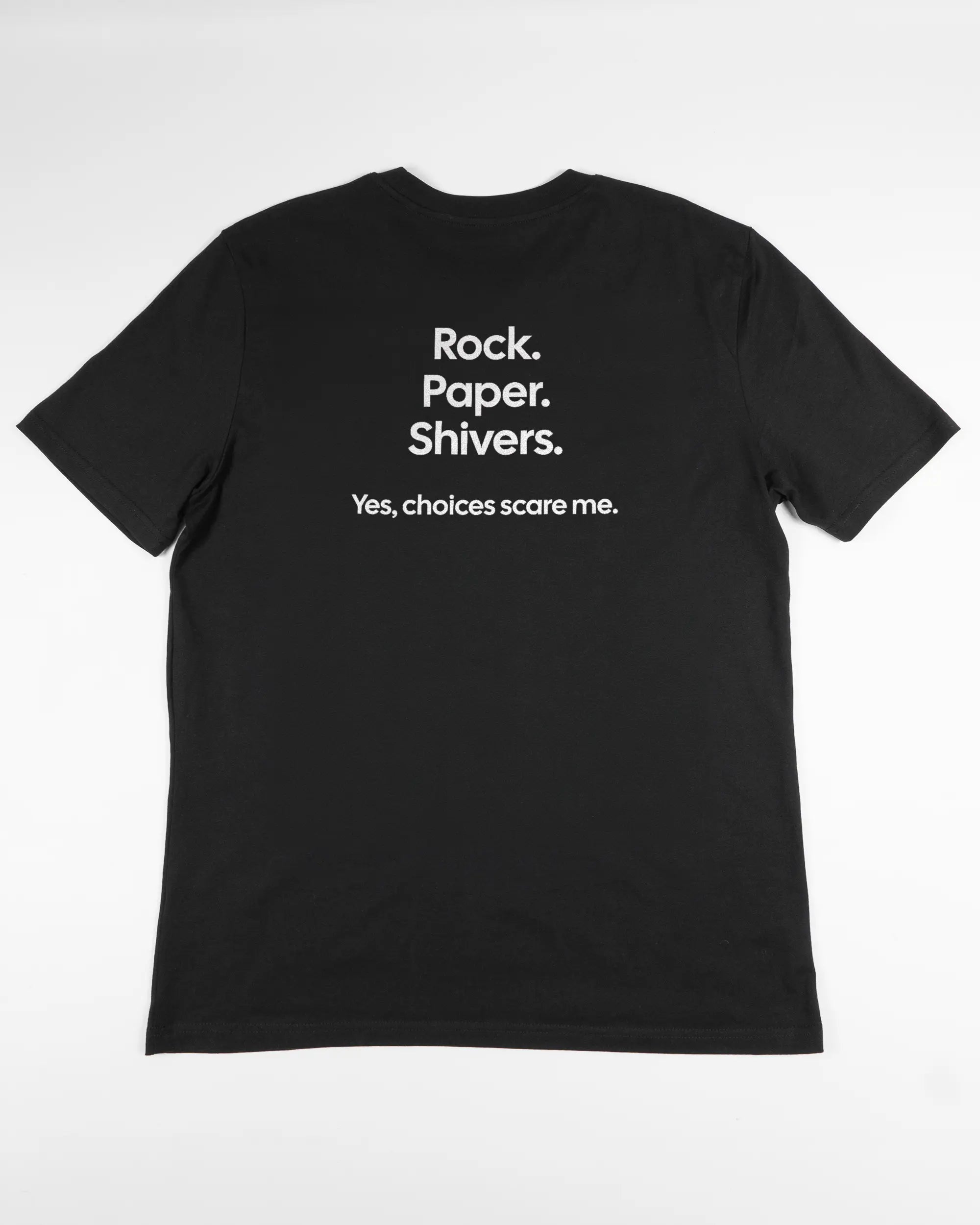 Rückseite des Organic Unisex T-Shirt Casual von Maondo mit dem Design Rock Paper Shivers in der Farbe Black und in der Größe L flach auf den Boden gelegt