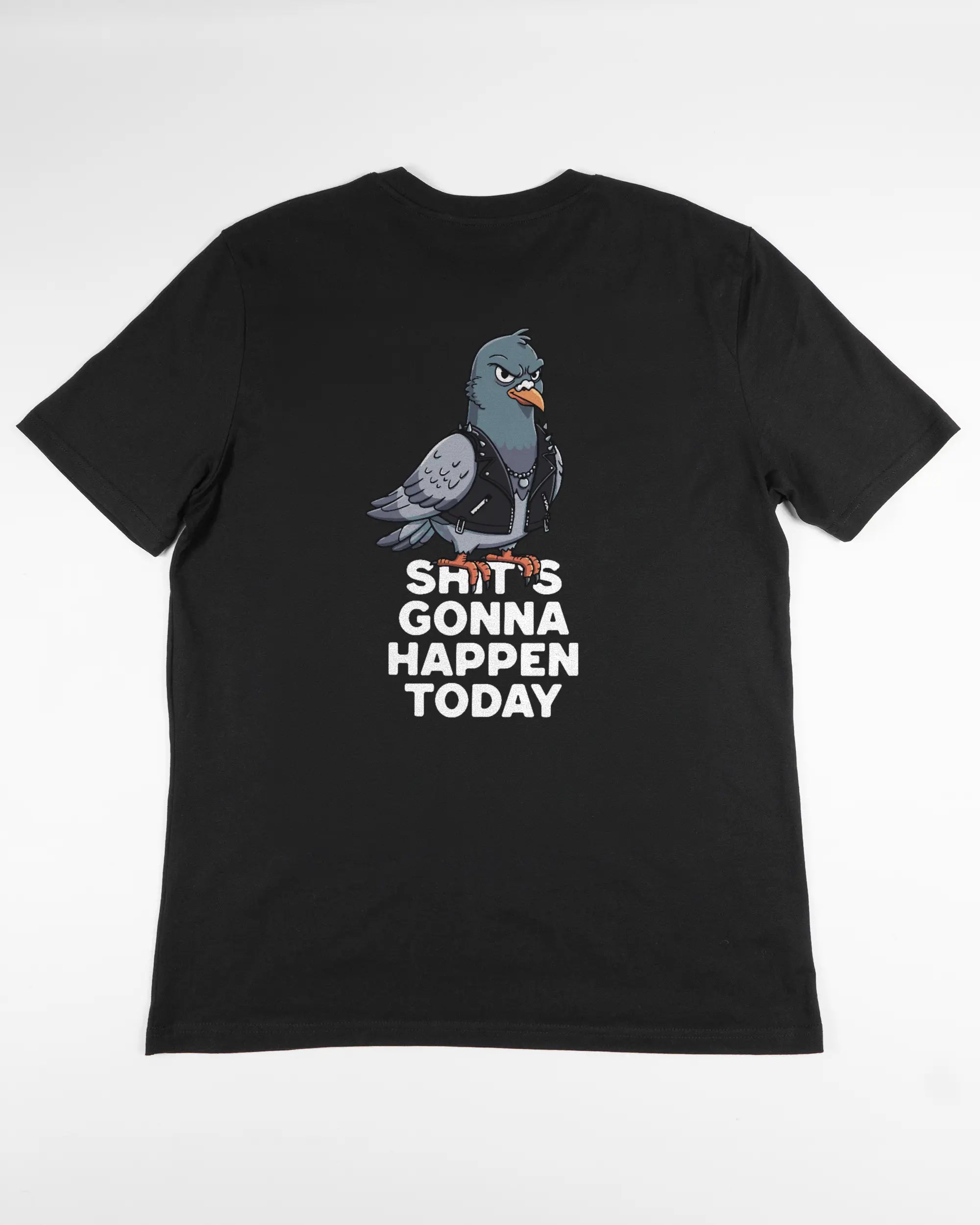 Rückseite des Organic Unisex T-Shirt Casual von Maondo mit dem Design Pigeon Pun in der Farbe Black und in der Größe L flach auf den Boden gelegt