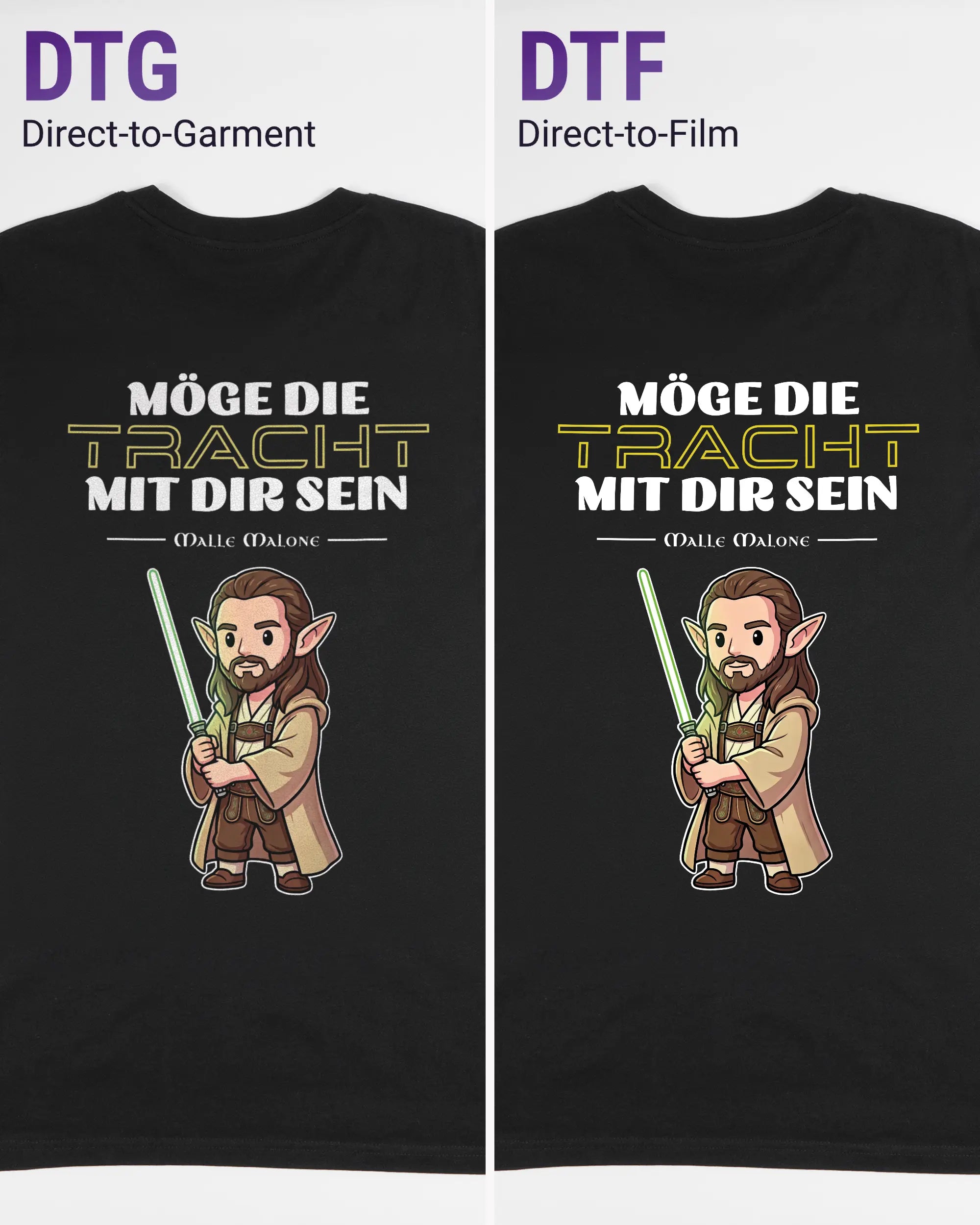 Vergleich der Rückseiten des Organic Unisex T-Shirt Casual von Maondo mit dem Design Tracht mit dir in der Farbe Black und in der Größe L links mit dem Direct-to-Garment und rechts mit dem Direct-to-Film Verfahren