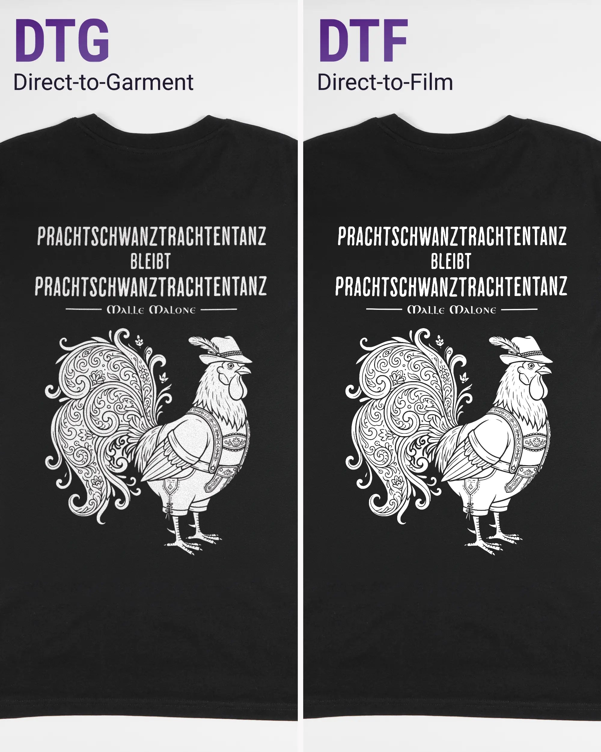 Vergleich der Rückseiten des Organic Unisex T-Shirt Casual von Maondo mit dem Design Trachtentanz in der Farbe Black und in der Größe L links mit dem Direct-to-Garment und rechts mit dem Direct-to-Film Verfahren