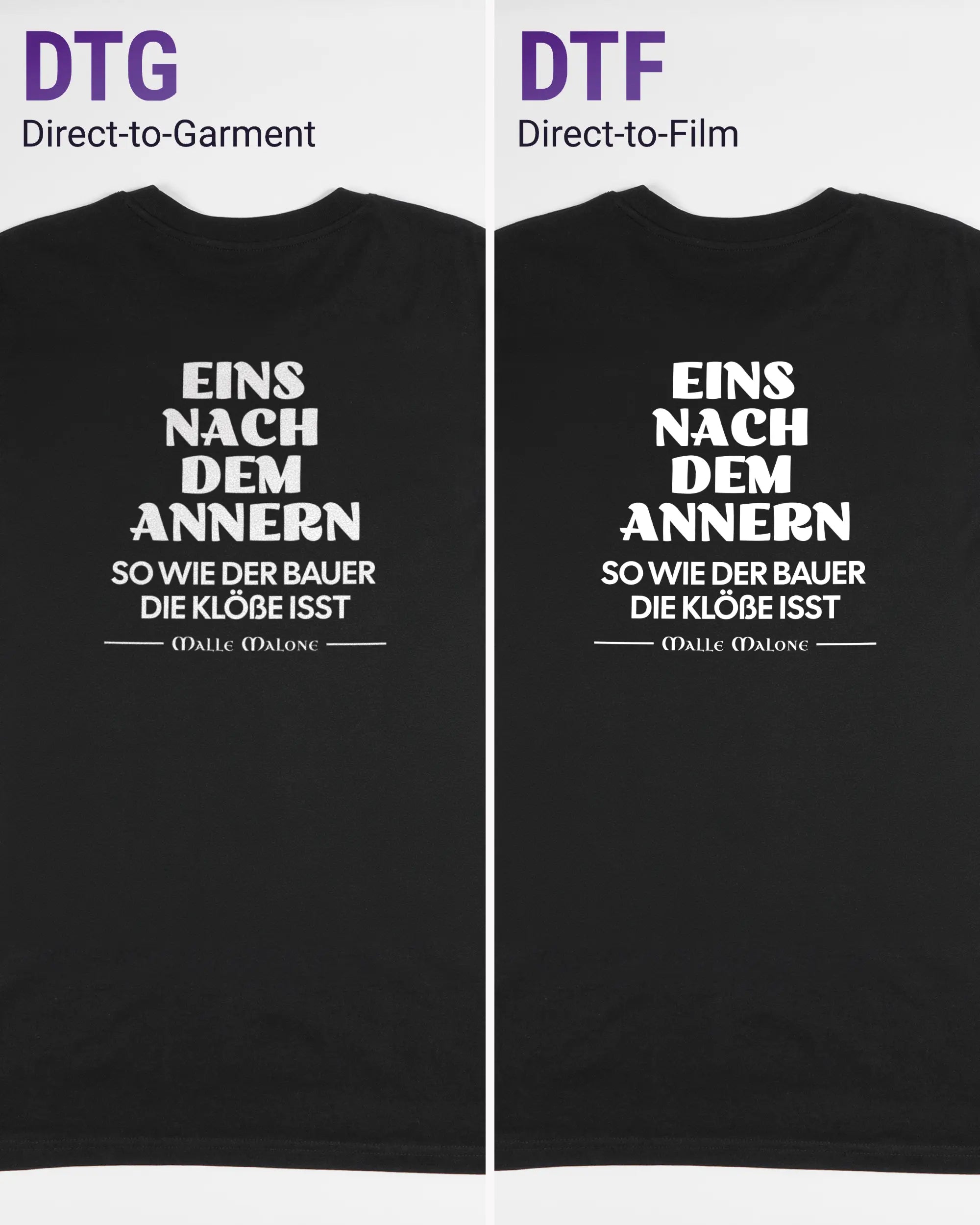 Vergleich der Rückseiten des Organic Unisex T-Shirt Casual von Maondo mit dem Design Eins nach dem Annern in der Farbe Black und in der Größe L links mit dem Direct-to-Garment und rechts mit dem Direct-to-Film Verfahren