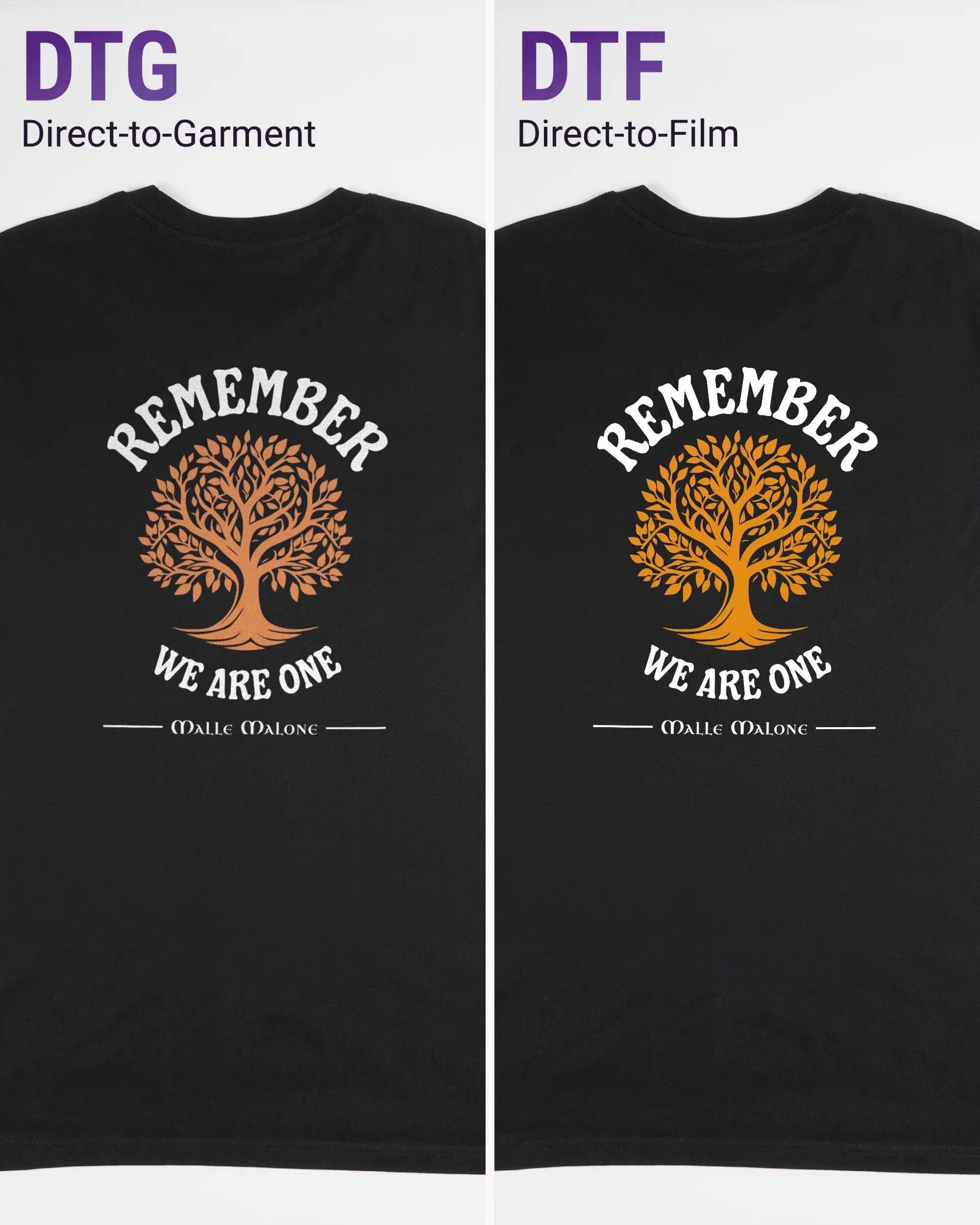 Vergleich der Rückseiten des Organic Unisex T-Shirt Casual von Maondo mit dem Design We are one in der Farbe Black und in der Größe L links mit dem Direct-to-Garment und rechts mit dem Direct-to-Film Verfahren