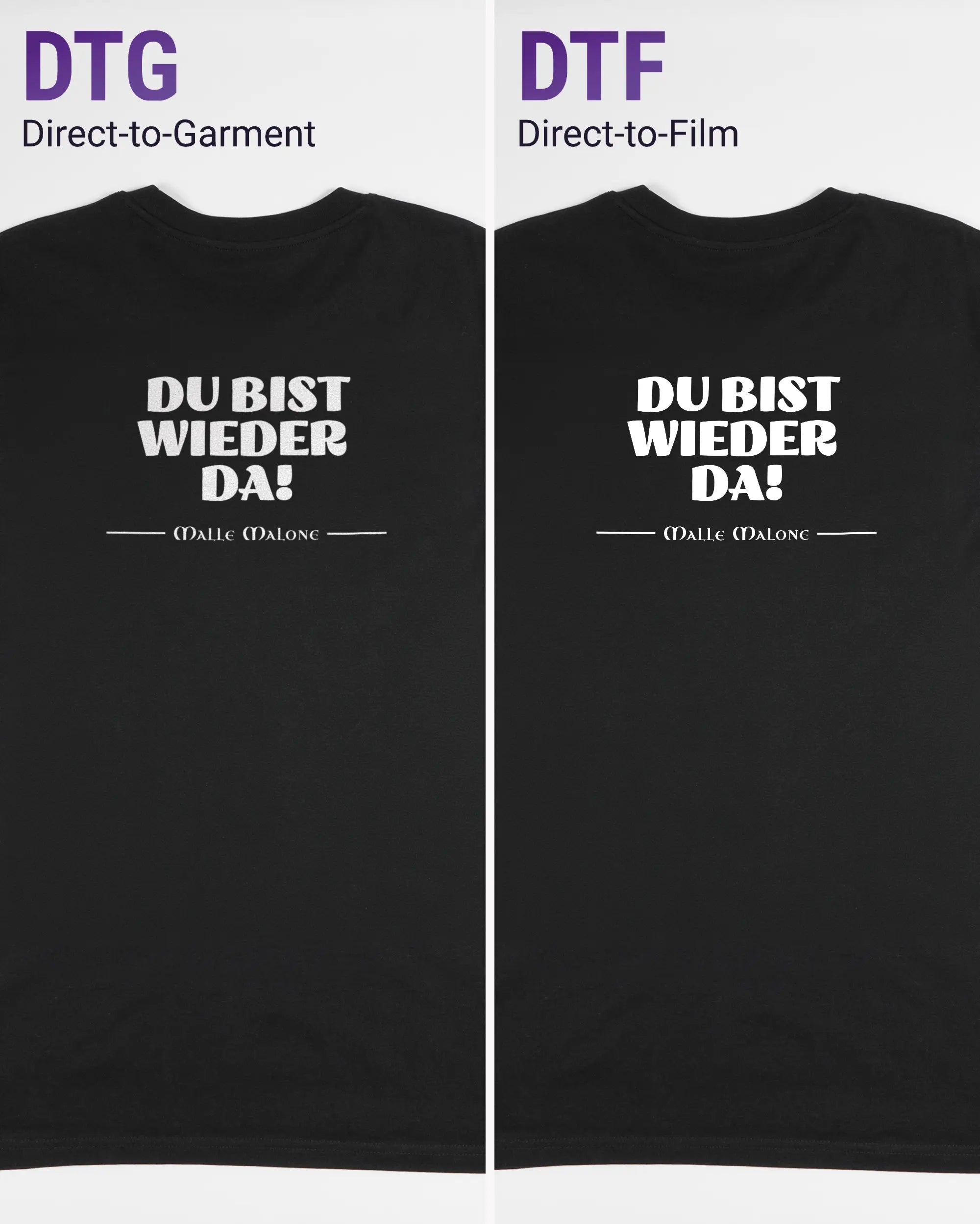 Vergleich der Rückseiten des Organic Unisex T-Shirt Casual von Maondo mit dem Design Wieder da in der Farbe Black und in der Größe L links mit dem Direct-to-Garment und rechts mit dem Direct-to-Film Verfahren