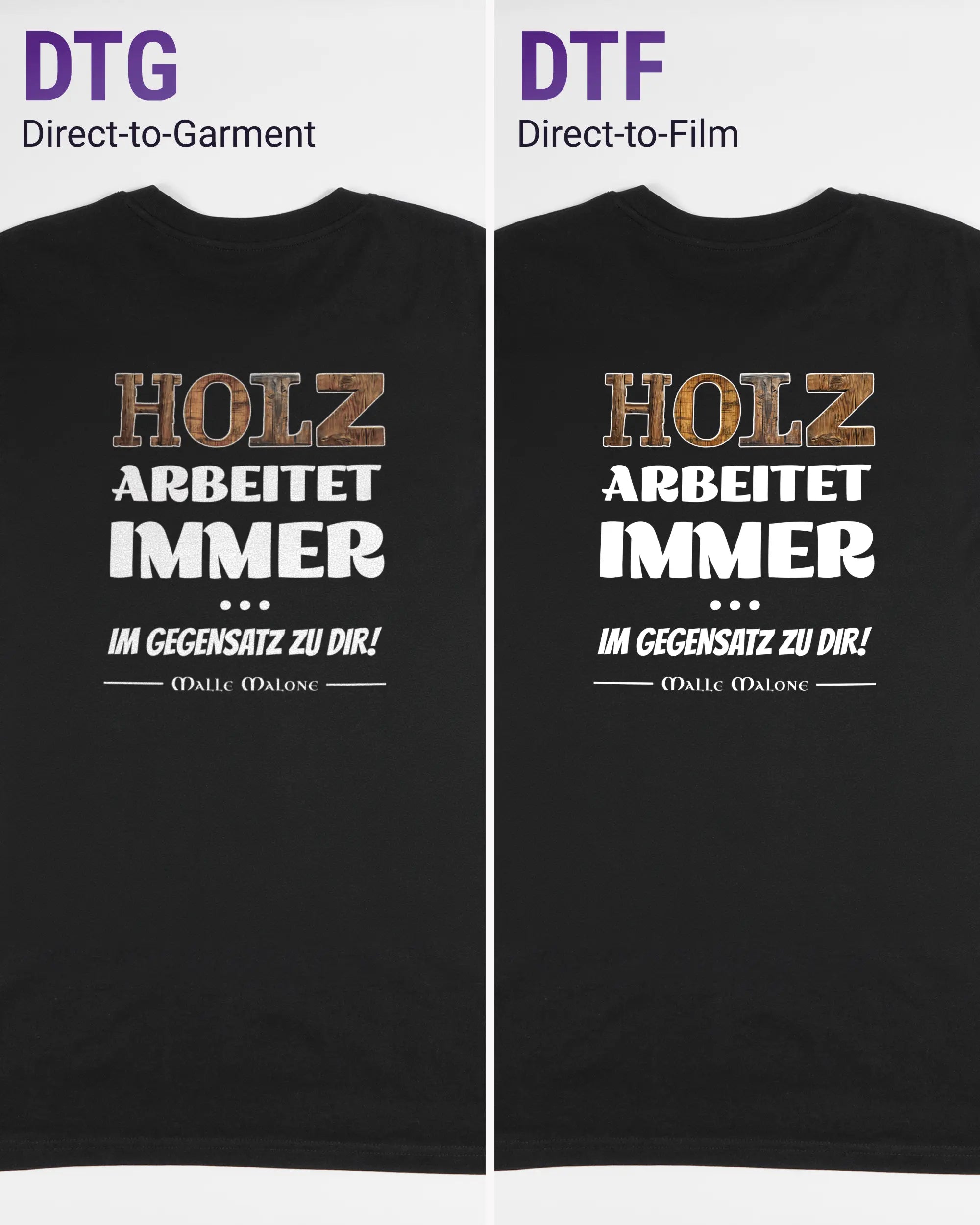 Vergleich der Rückseiten des Organic Unisex T-Shirt Casual von Maondo mit dem Design Holzarbeit in der Farbe Black und in der Größe L links mit dem Direct-to-Garment und rechts mit dem Direct-to-Film Verfahren