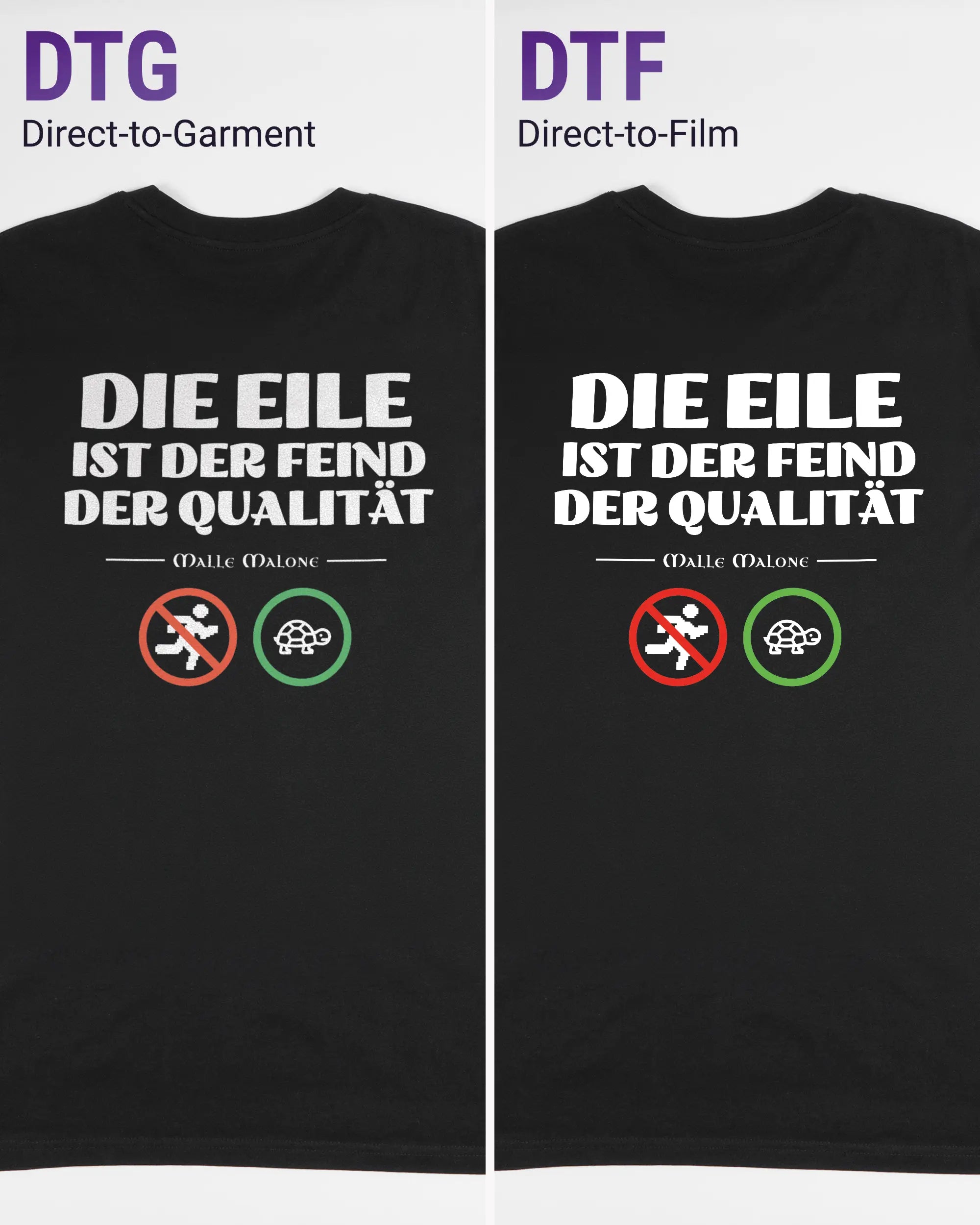 Vergleich der Rückseiten des Organic Unisex T-Shirt Casual von Maondo mit dem Design Keine Eile in der Farbe Black und in der Größe L links mit dem Direct-to-Garment und rechts mit dem Direct-to-Film Verfahren