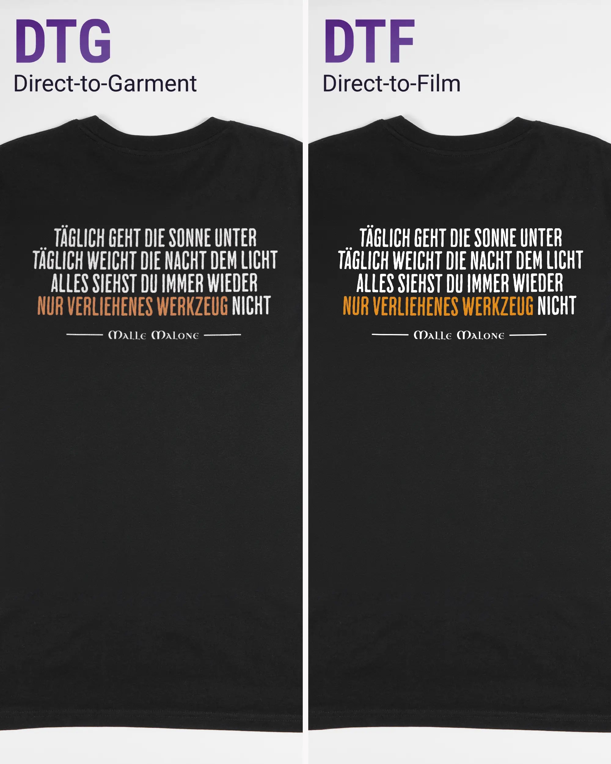 Vergleich der Rückseiten des Organic Unisex T-Shirt Casual von Maondo mit dem Design Wegzeug in der Farbe Black und in der Größe L links mit dem Direct-to-Garment und rechts mit dem Direct-to-Film Verfahren