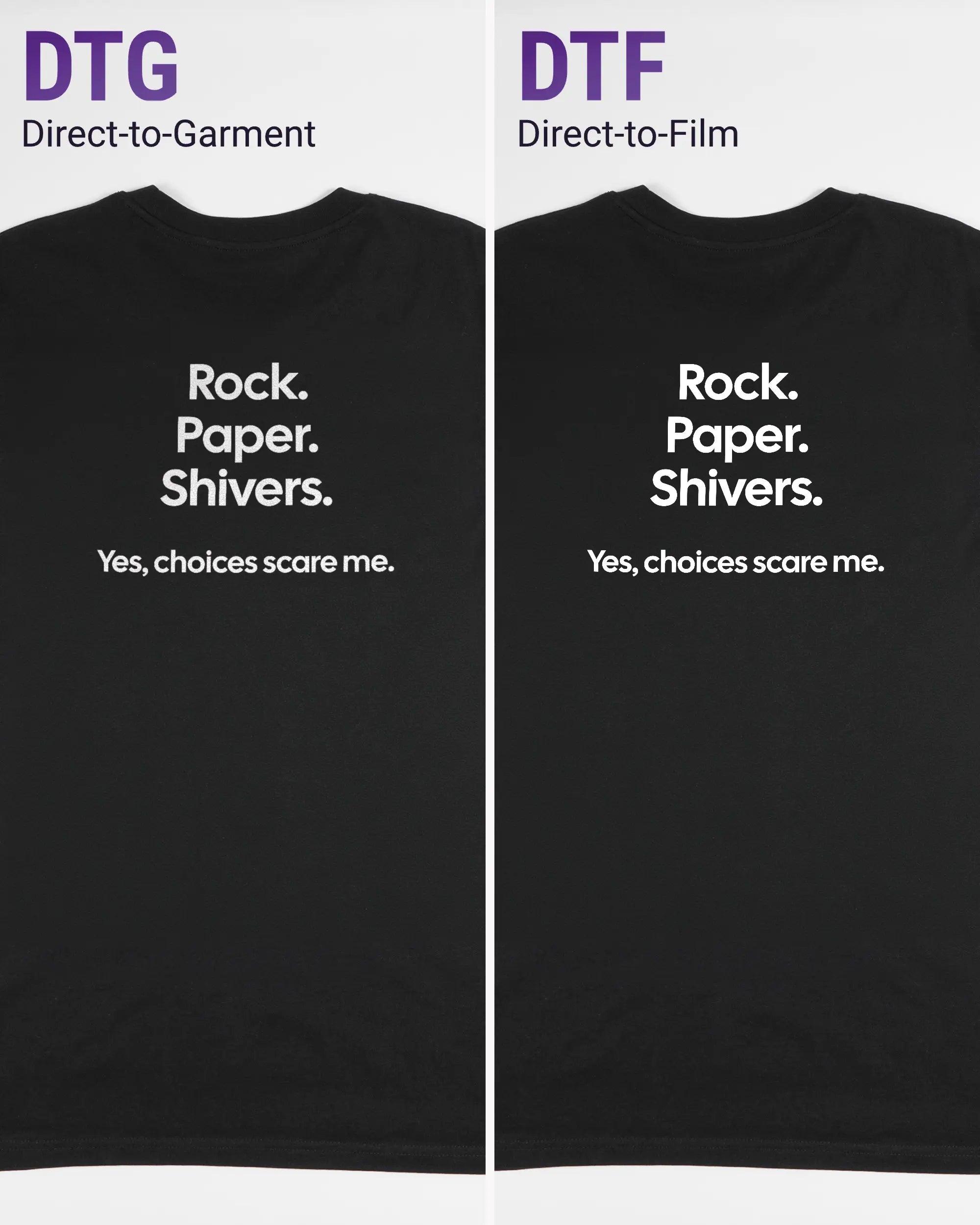 Vergleich der Rückseiten des Organic Unisex T-Shirt Casual von Maondo mit dem Design Rock Paper Shivers in der Farbe Black und in der Größe L links mit dem Direct-to-Garment und rechts mit dem Direct-to-Film Verfahren
