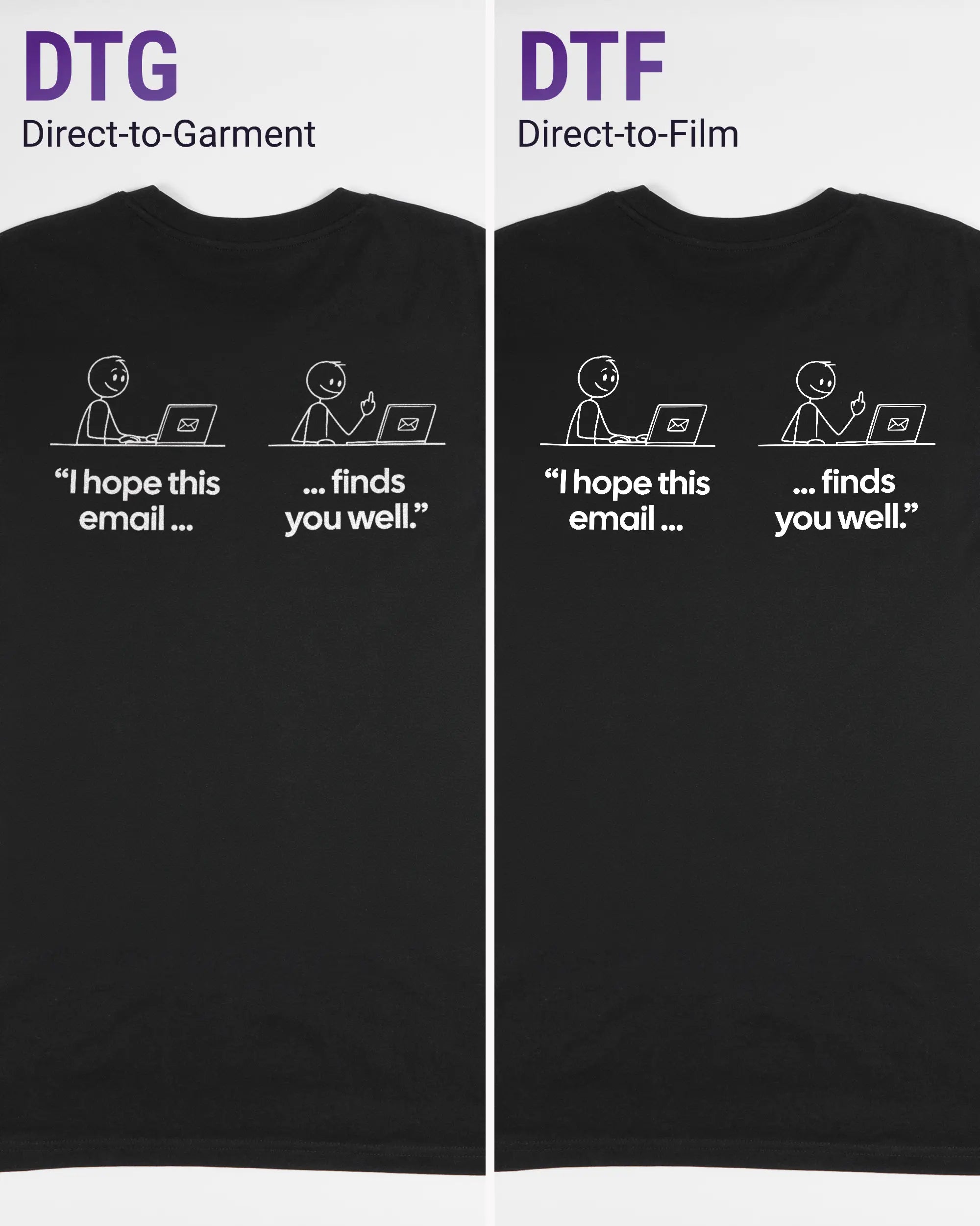 Vergleich der Rückseiten des Organic Unisex T-Shirt Casual von Maondo mit dem Design Found me not well in der Farbe Black und in der Größe L links mit dem Direct-to-Garment und rechts mit dem Direct-to-Film Verfahren