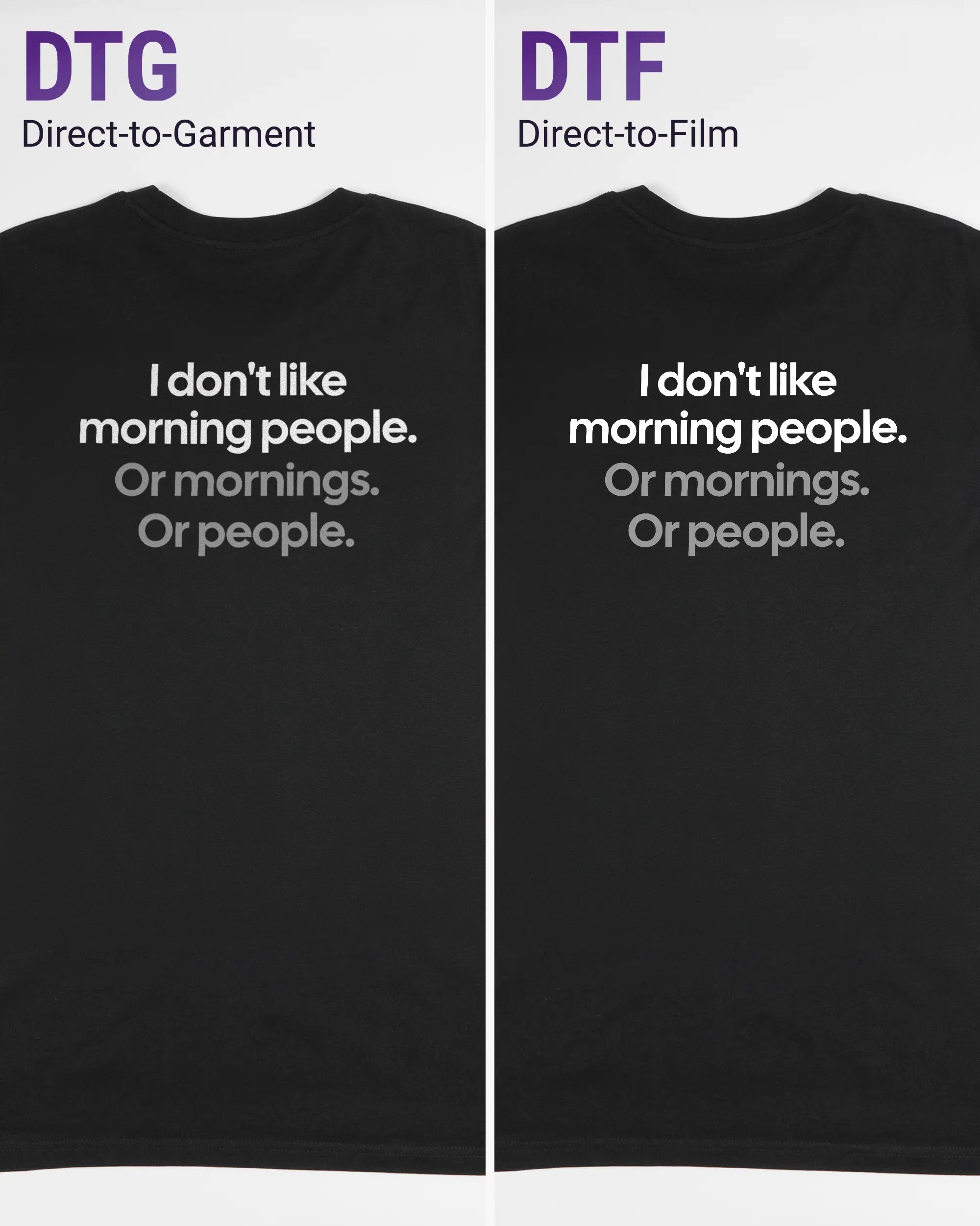 Vergleich der Rückseiten des Organic Unisex T-Shirt Casual von Maondo mit dem Design Morning Person in der Farbe Black und in der Größe L links mit dem Direct-to-Garment und rechts mit dem Direct-to-Film Verfahren