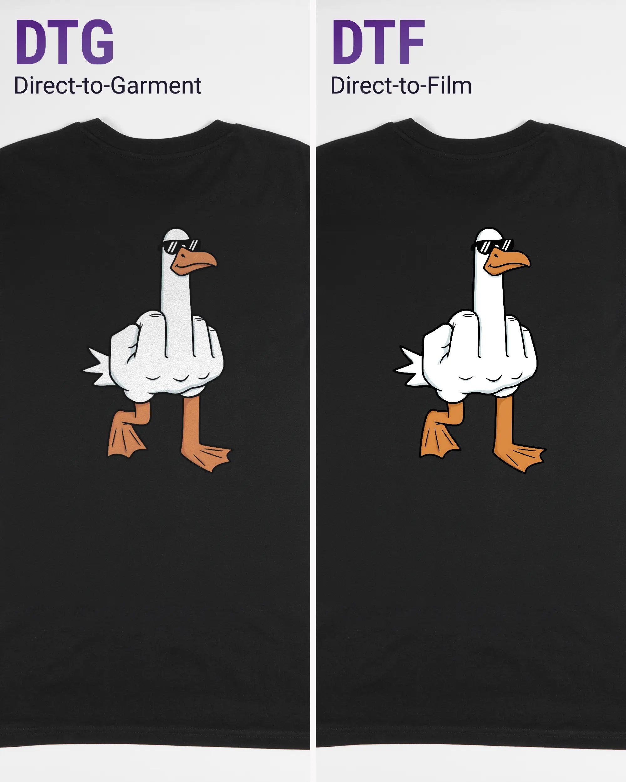 Vergleich der Rückseiten des Organic Unisex T-Shirt Casual von Maondo mit dem Design I give a duck in der Farbe Black und in der Größe L links mit dem Direct-to-Garment und rechts mit dem Direct-to-Film Verfahren