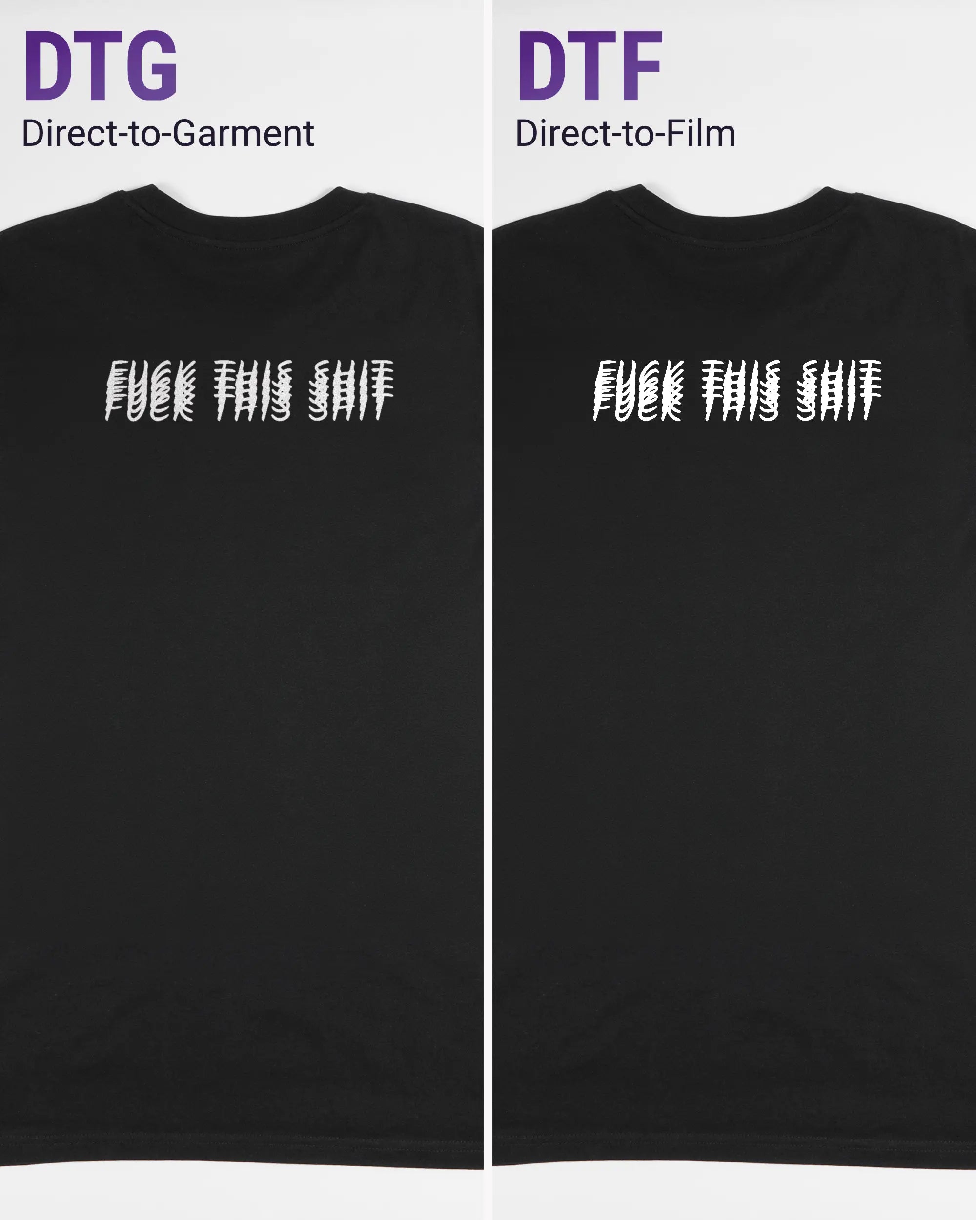 Vergleich der Rückseiten des Organic Unisex T-Shirt Casual von Maondo mit dem Design Hidden Message in der Farbe Black und in der Größe L links mit dem Direct-to-Garment und rechts mit dem Direct-to-Film Verfahren