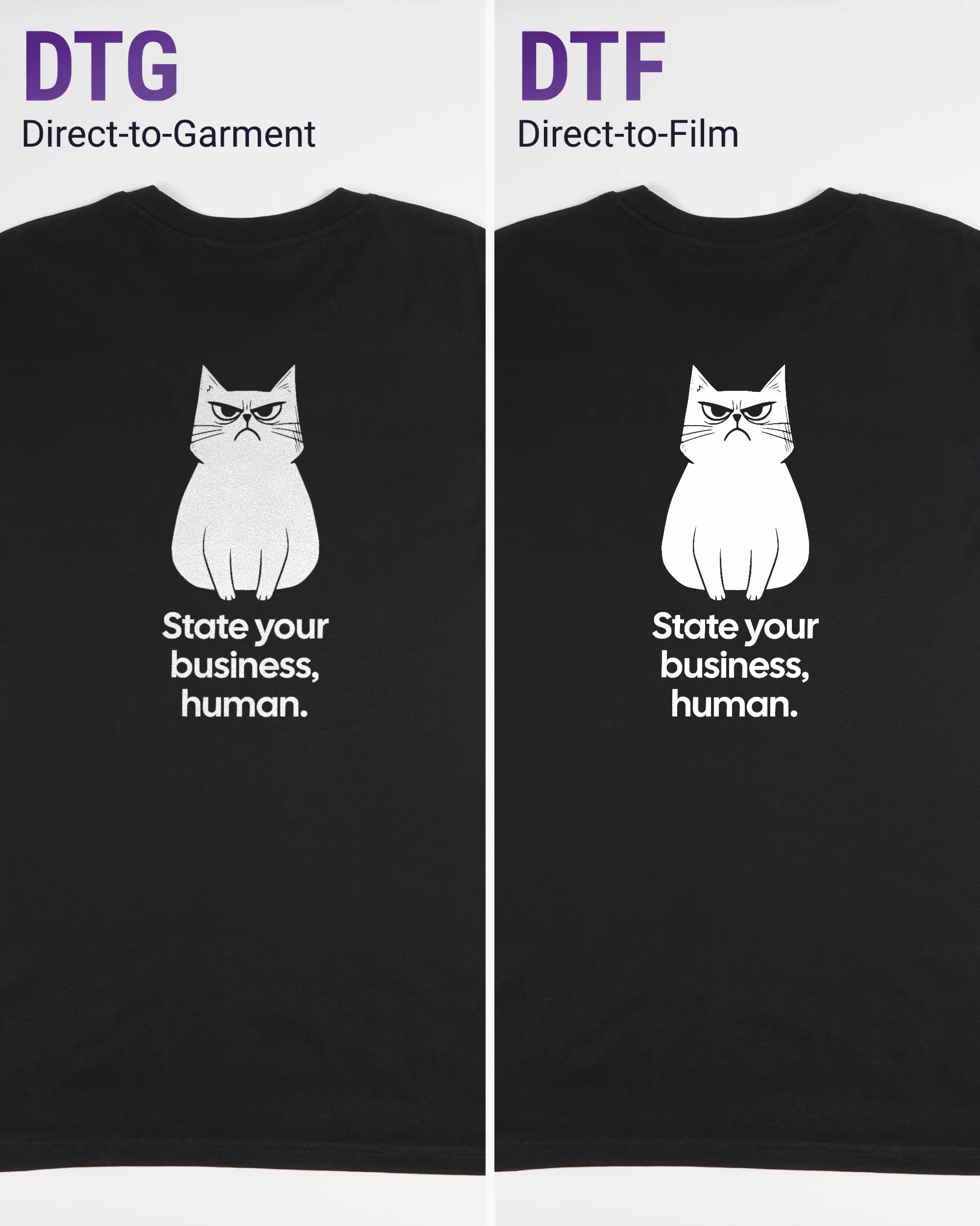 Vergleich der Rückseiten des Organic Unisex T-Shirt Casual von Maondo mit dem Design Grumpy Purr in der Farbe Black und in der Größe L links mit dem Direct-to-Garment und rechts mit dem Direct-to-Film Verfahren